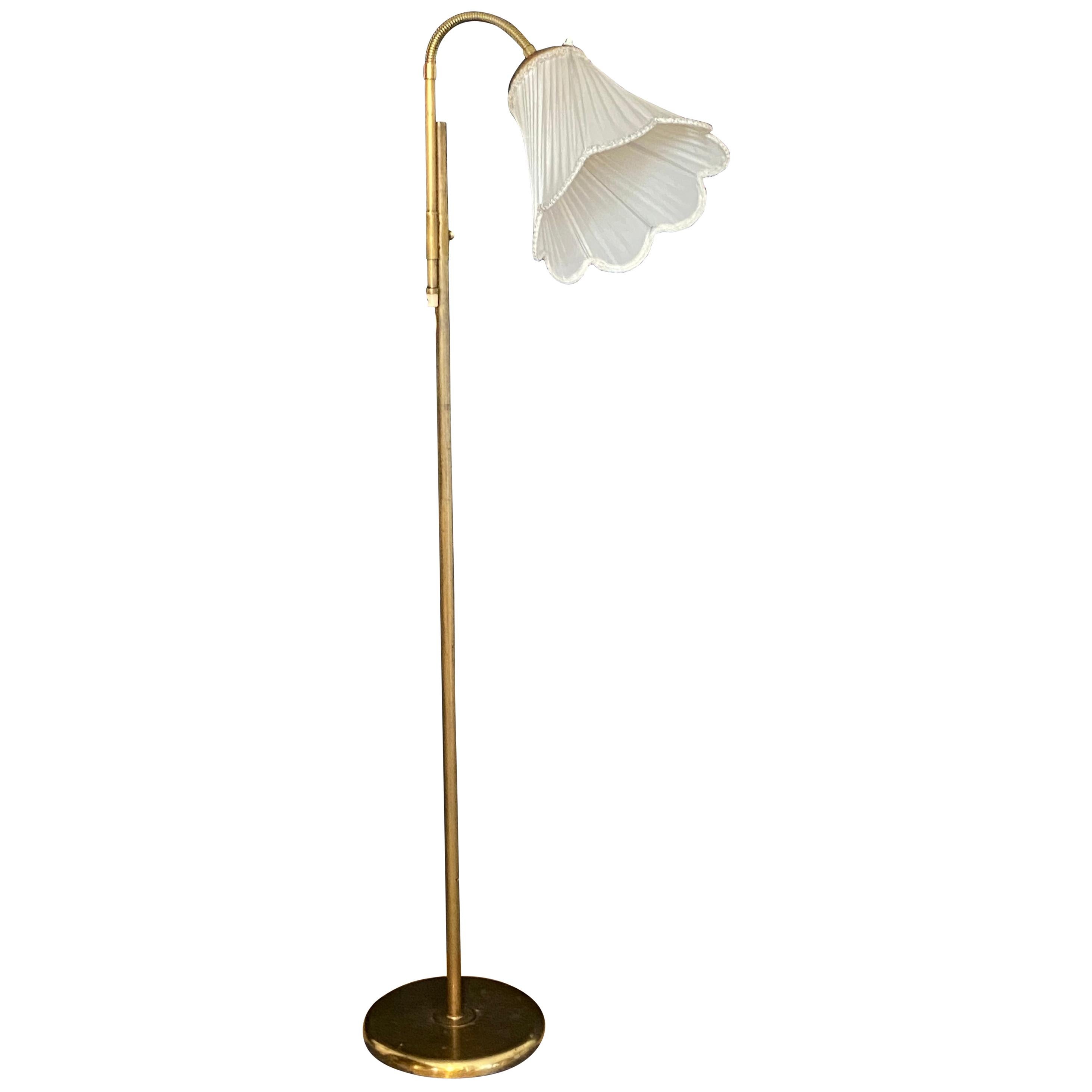 Swedish Designer, Adjustable Functionalist Floor Lamp, Brass, Sweden, 1940s