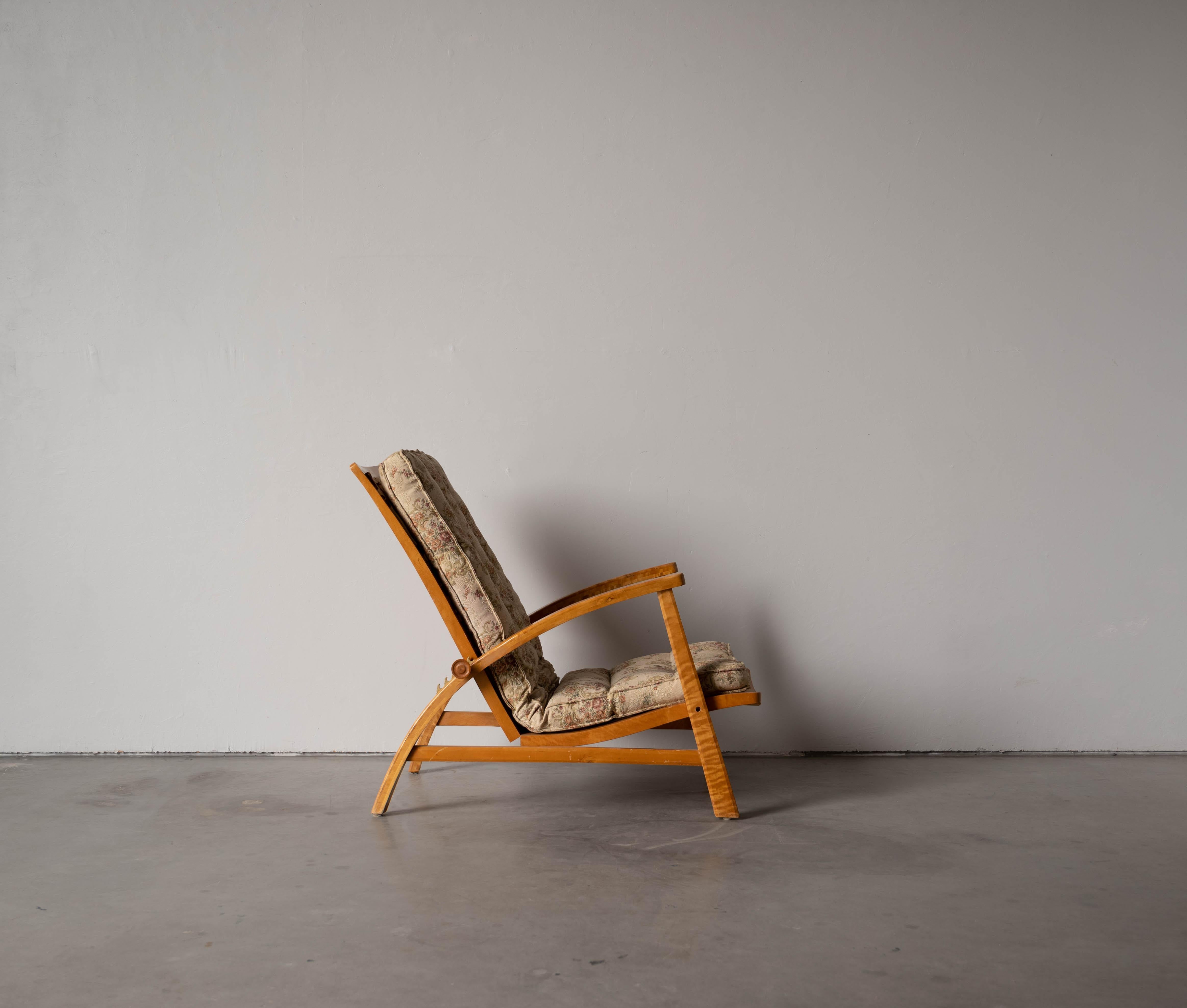 Swedish Designer, Adjustable Lounge Chair, Wood, Fabric, Metal Sweden, 1940s 2