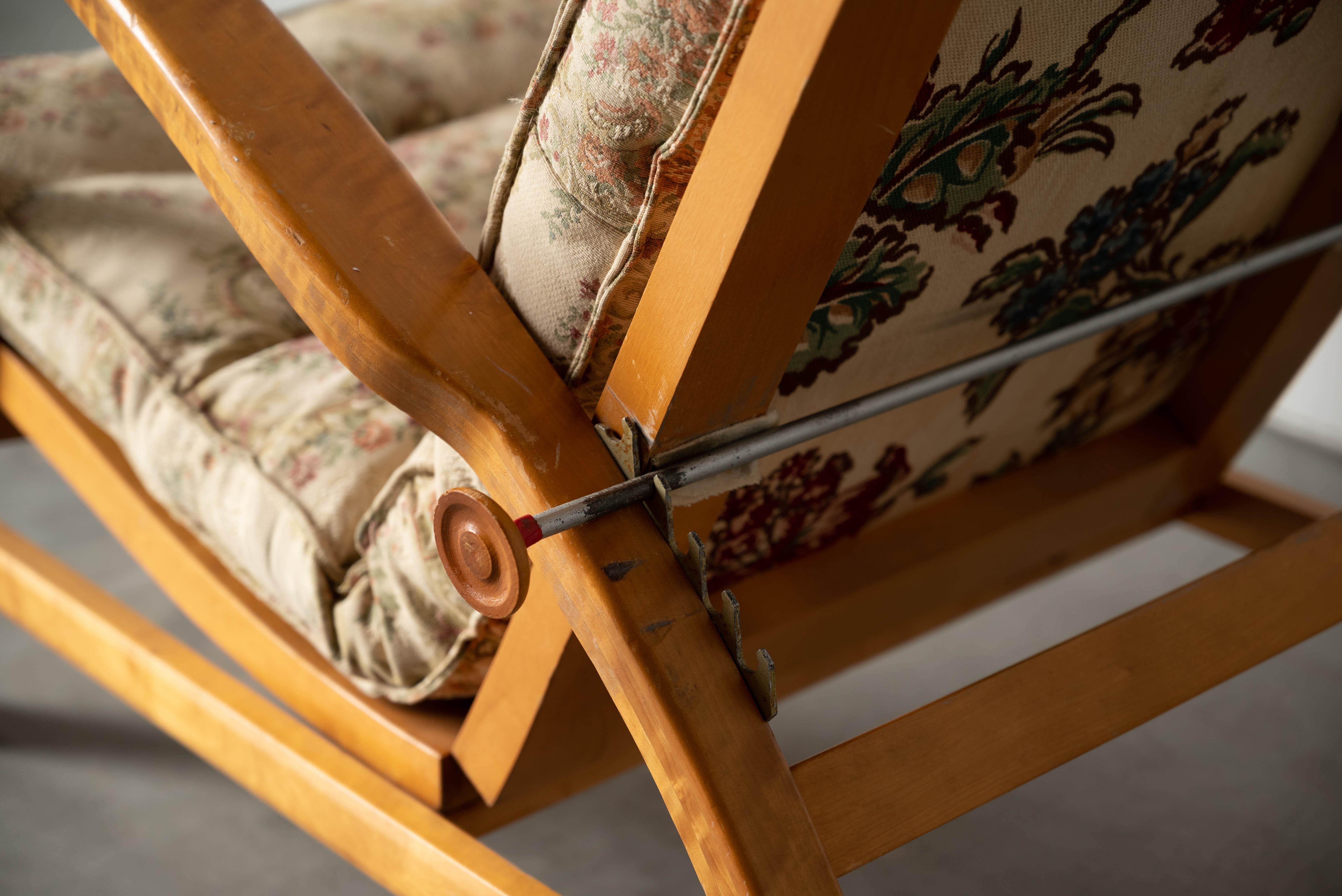 Swedish Designer, Adjustable Lounge Chair, Wood, Fabric, Metal Sweden, 1940s 3
