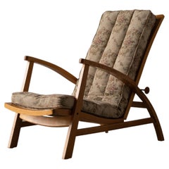 Swedish Designer, Adjustable Lounge Chair, Wood, Fabric, Metal Sweden, 1940s