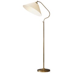 Swedish Designer, Adjustable Organic Floor Lamp, Brass, Fabric, 1940s, Sweden