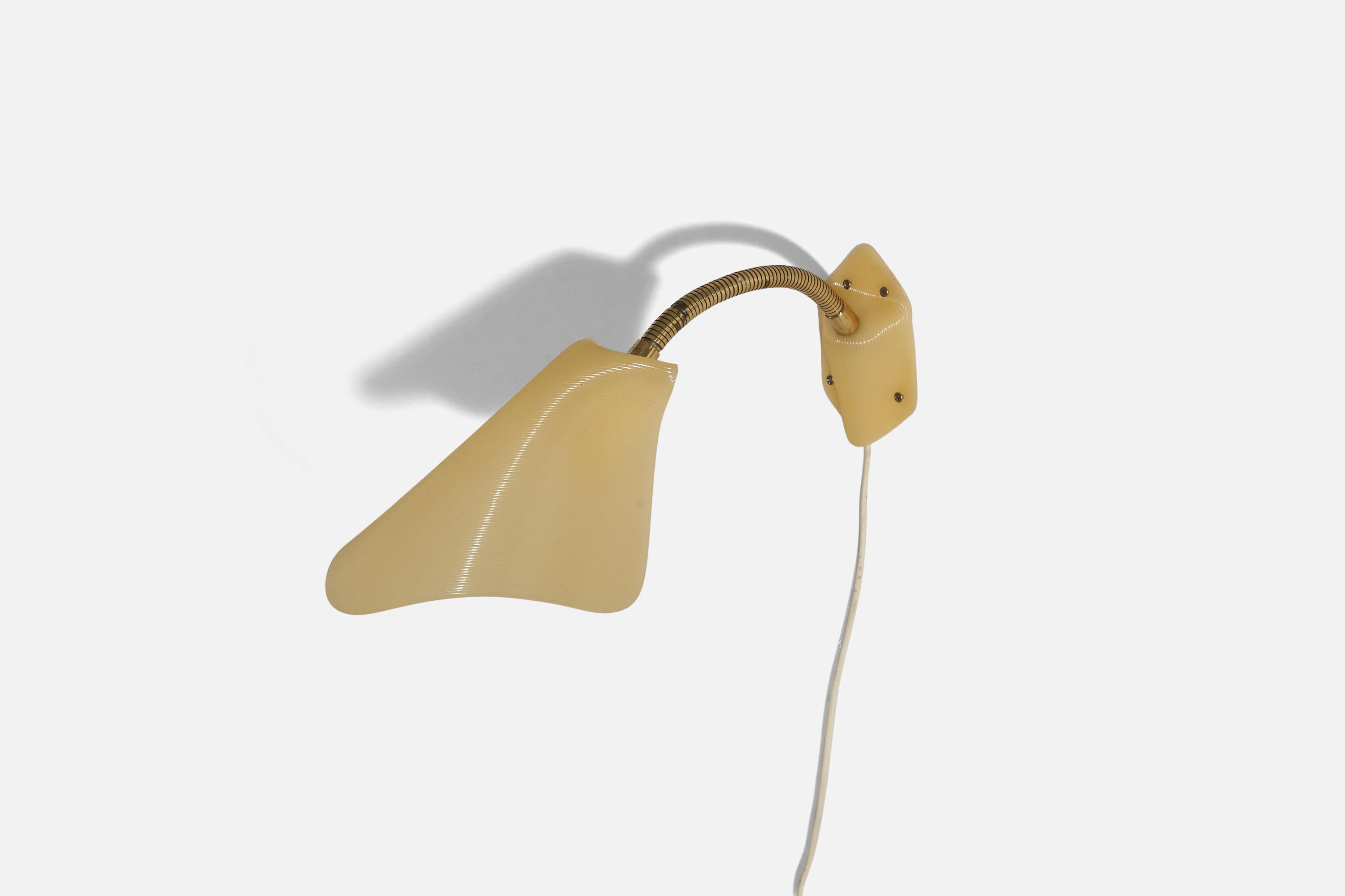 A brass and acrylic sconce designed and produced in Sweden, c. 1950s. 

Variable dimensions, measured as illustrated in the first image. 

Fixture is not hardwired, plug in only. 
Socket takes E-14 bulb. 
There is no maximum wattage stated on the