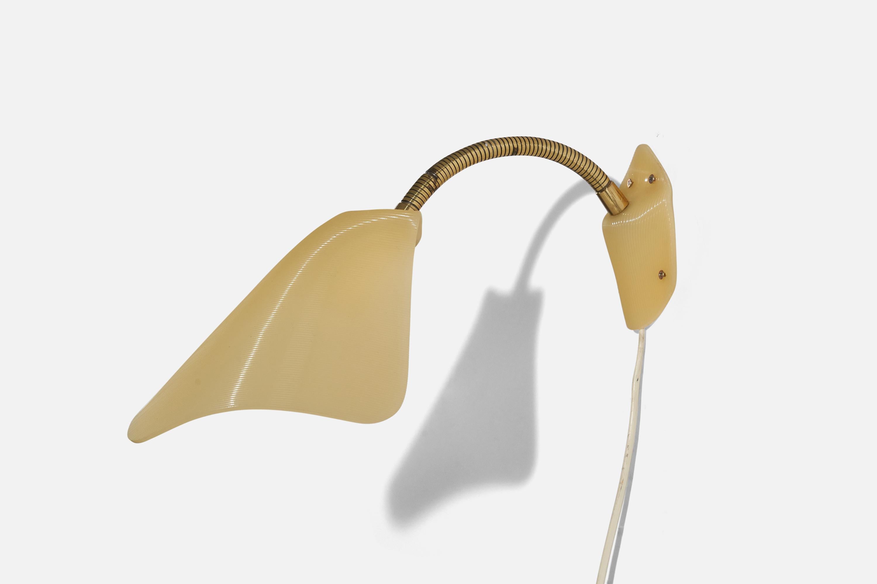 Mid-20th Century Swedish Designer, Adjustable Sconce, Brass, Acrylic, Sweden, c. 1950s For Sale