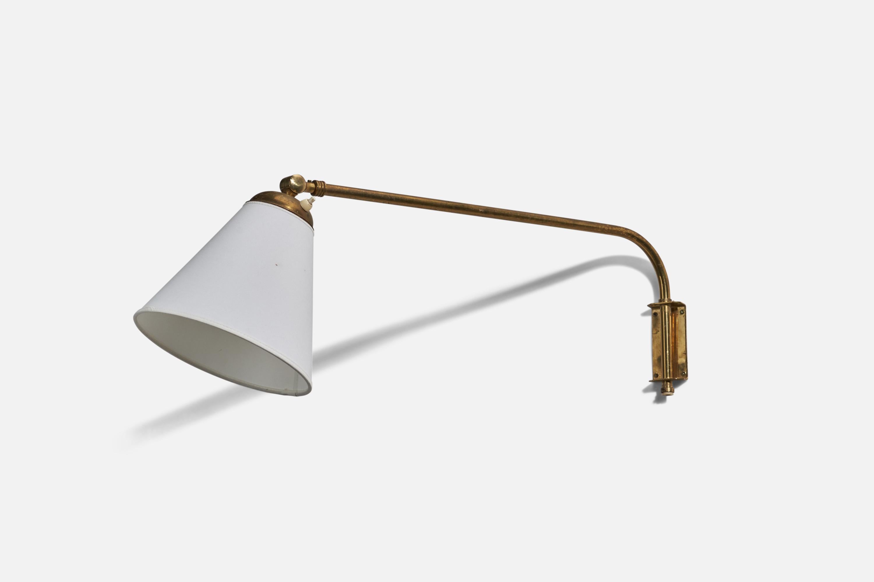 A fabric and brass sconce designed and produced in Sweden, 1940s. 

Dimensions variable, measured as illustrated in first image.

Sold with lampshade. Dimensions stated are of sconce with lampshade.

Dimensions of back plate (inches) : 4.12 x