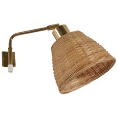 Swedish Designer, Adjustable Sconce, Brass, Rattan, Sweden, 1960s