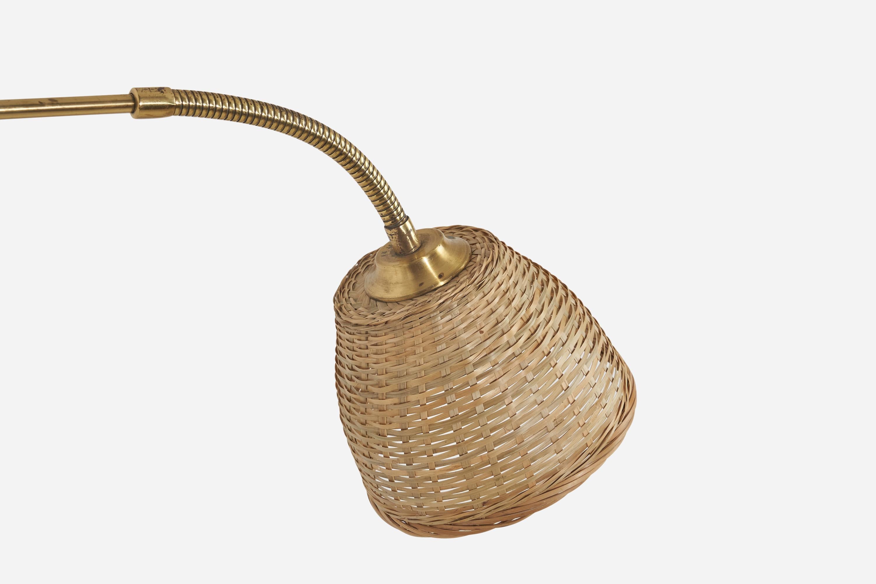 Swedish Designer, Adjustable Sconce, Brass, Rattan, Sweden, C. 1950s In Good Condition For Sale In High Point, NC