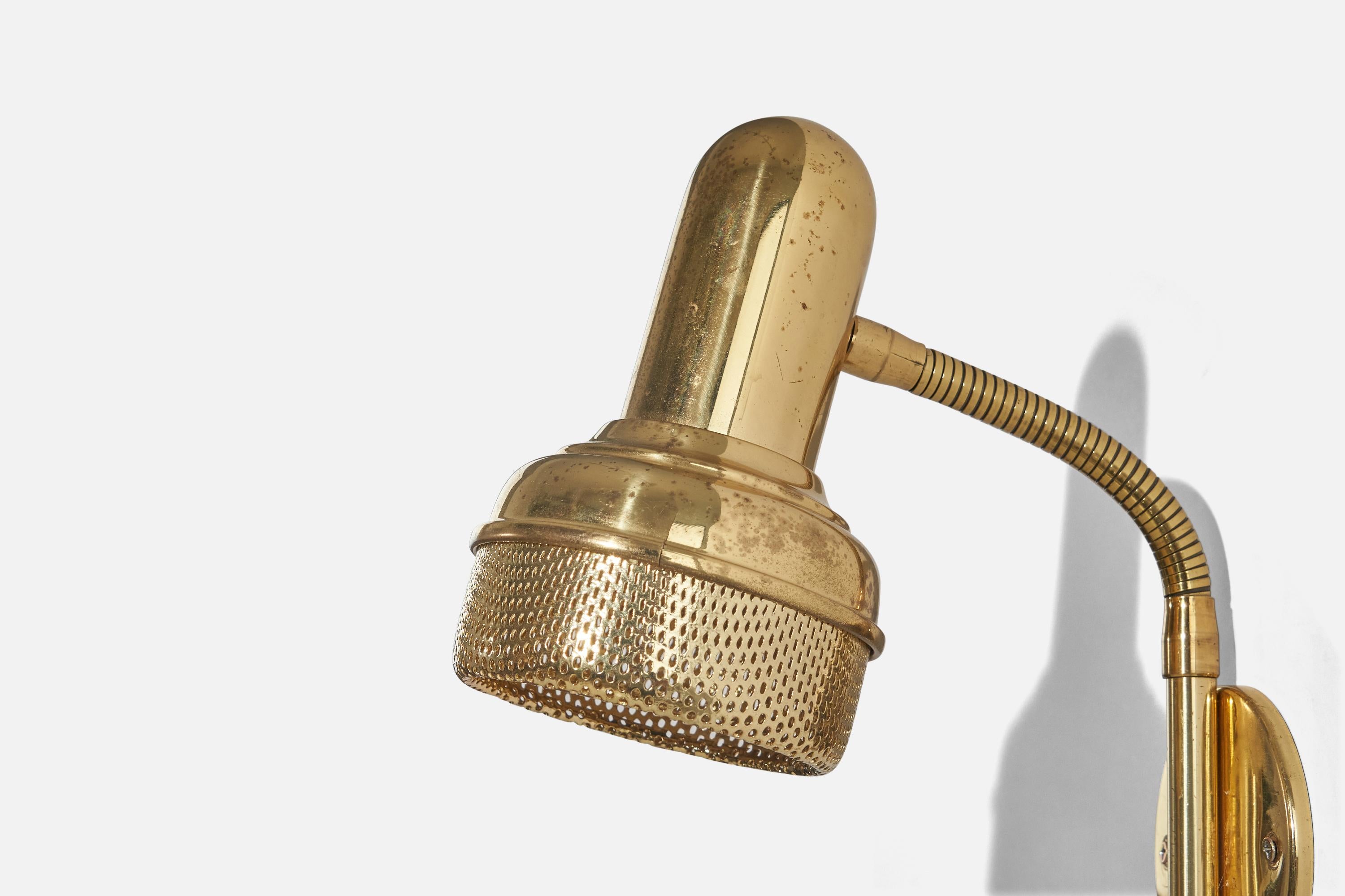 A pair of brass sconces designed and produced in Sweden, c. 1970s. 

Variable dimensions, measured as illustrated in the first image.

There is no maximum wattage stated on the fixture.
Socket takes E-14 bulb. 