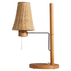 Swedish Designer, Adjustable Table Lamp, Oak, Rattan, Steel, Sweden, c. 1970s