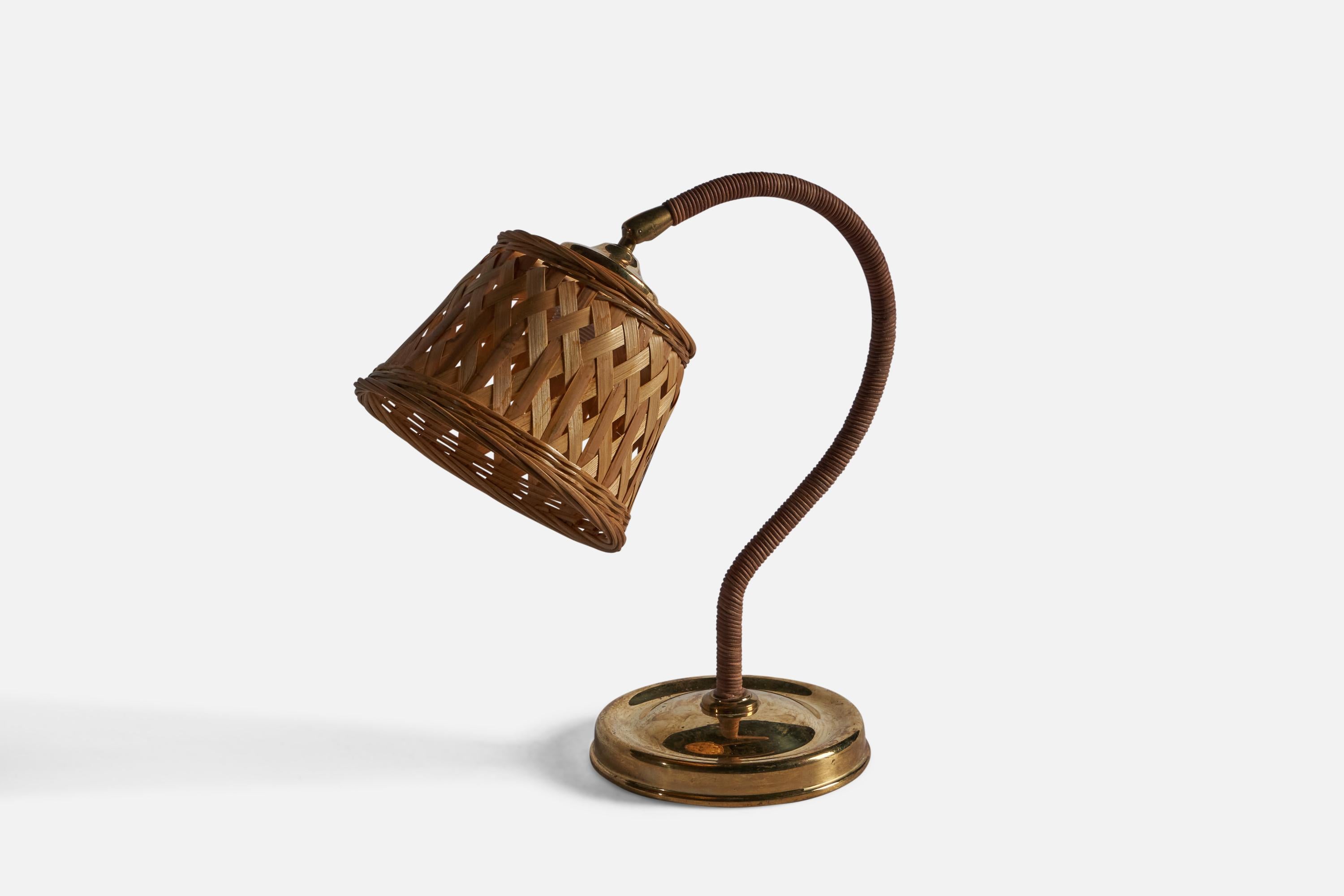 Modern Swedish Designer, Adjustable Table Lamp, Rattan, Brass, Sweden, 1970s For Sale