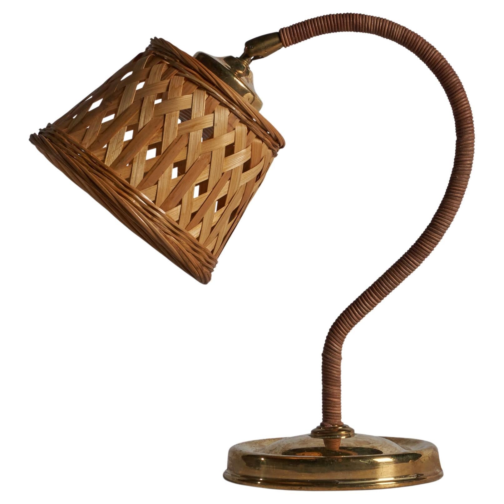 Swedish Designer, Adjustable Table Lamp, Rattan, Brass, Sweden, 1970s For Sale