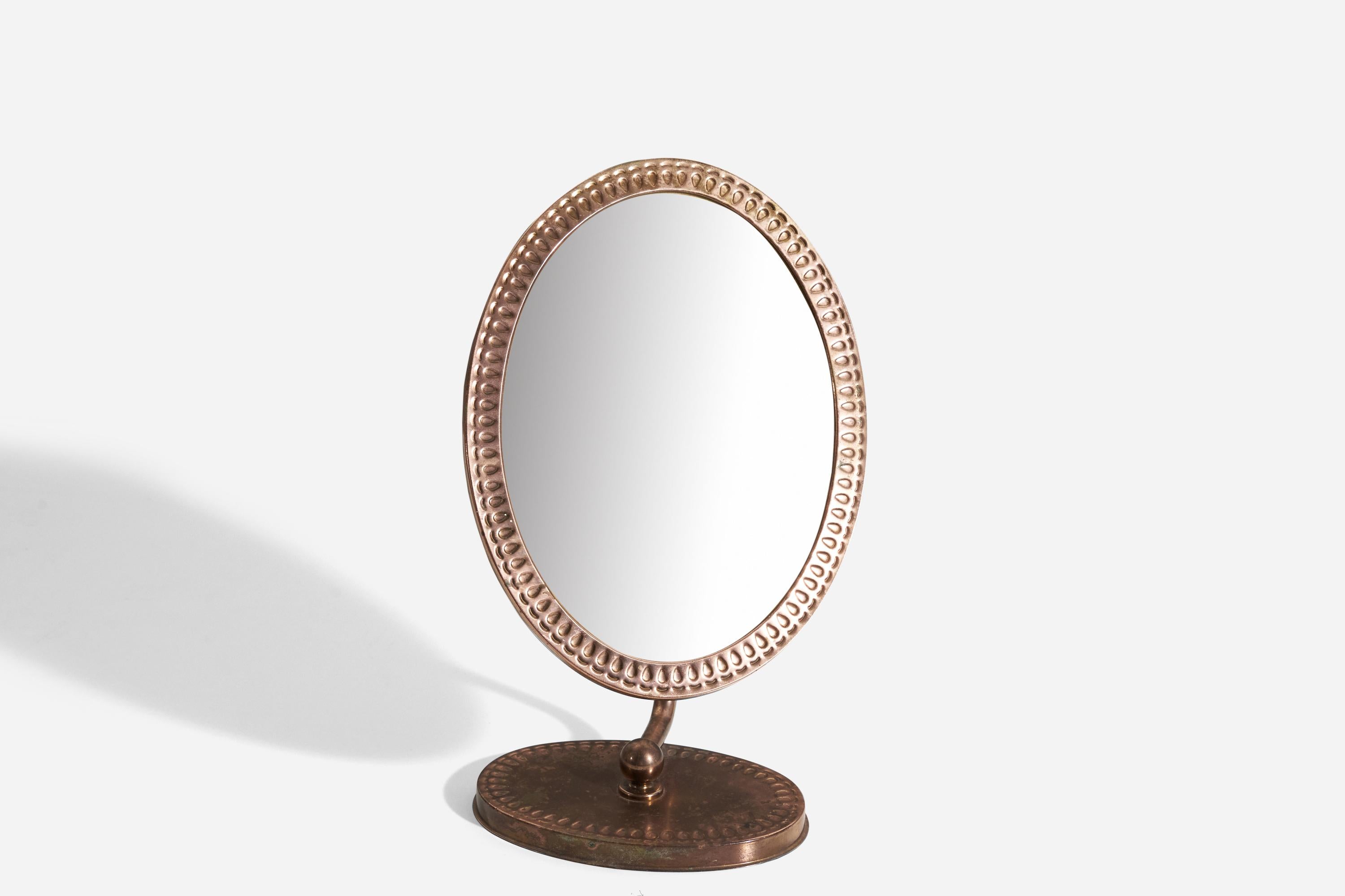 Swedish Designer, Adjustable Table Mirror, Copper, Mirror Glass, Sweden, 1950s In Good Condition In High Point, NC
