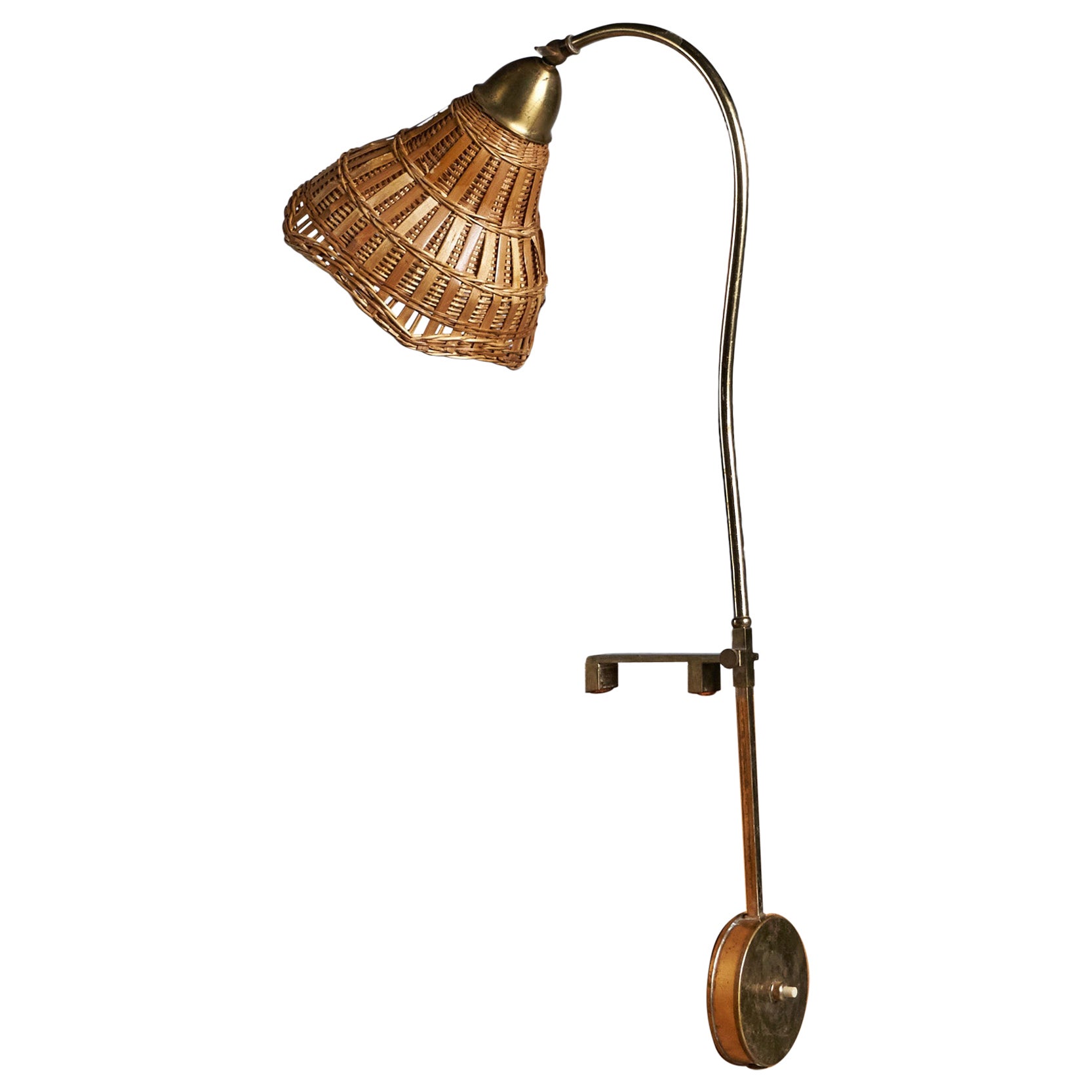 Swedish Designer, Adjustable Task Light, Brass, Rattan, Sweden, 1940s For Sale