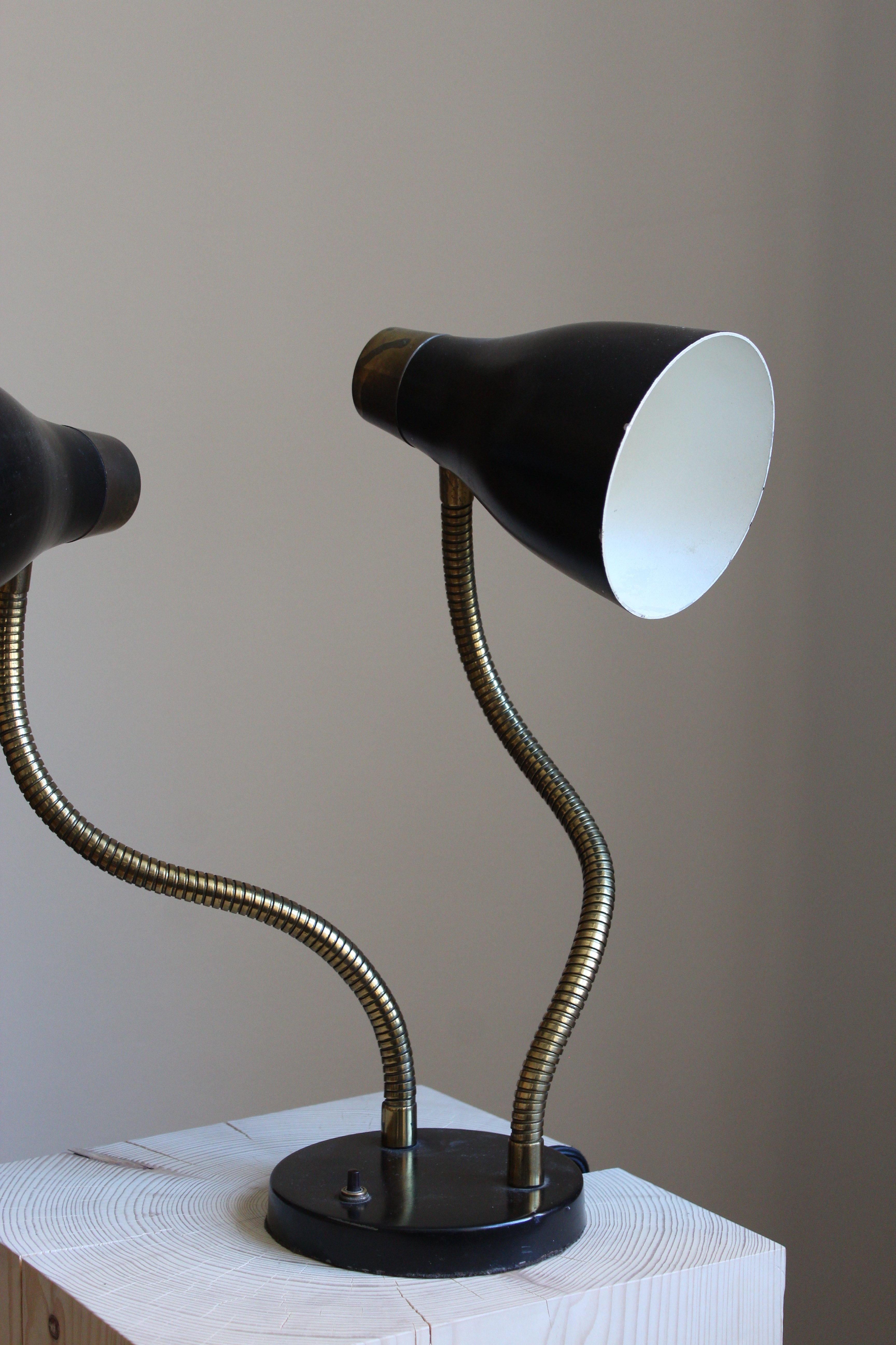 Mid-Century Modern Swedish Designer, Adjustable Two-Armed Table Lamp, Lacquered Metal, Brass, 1950s