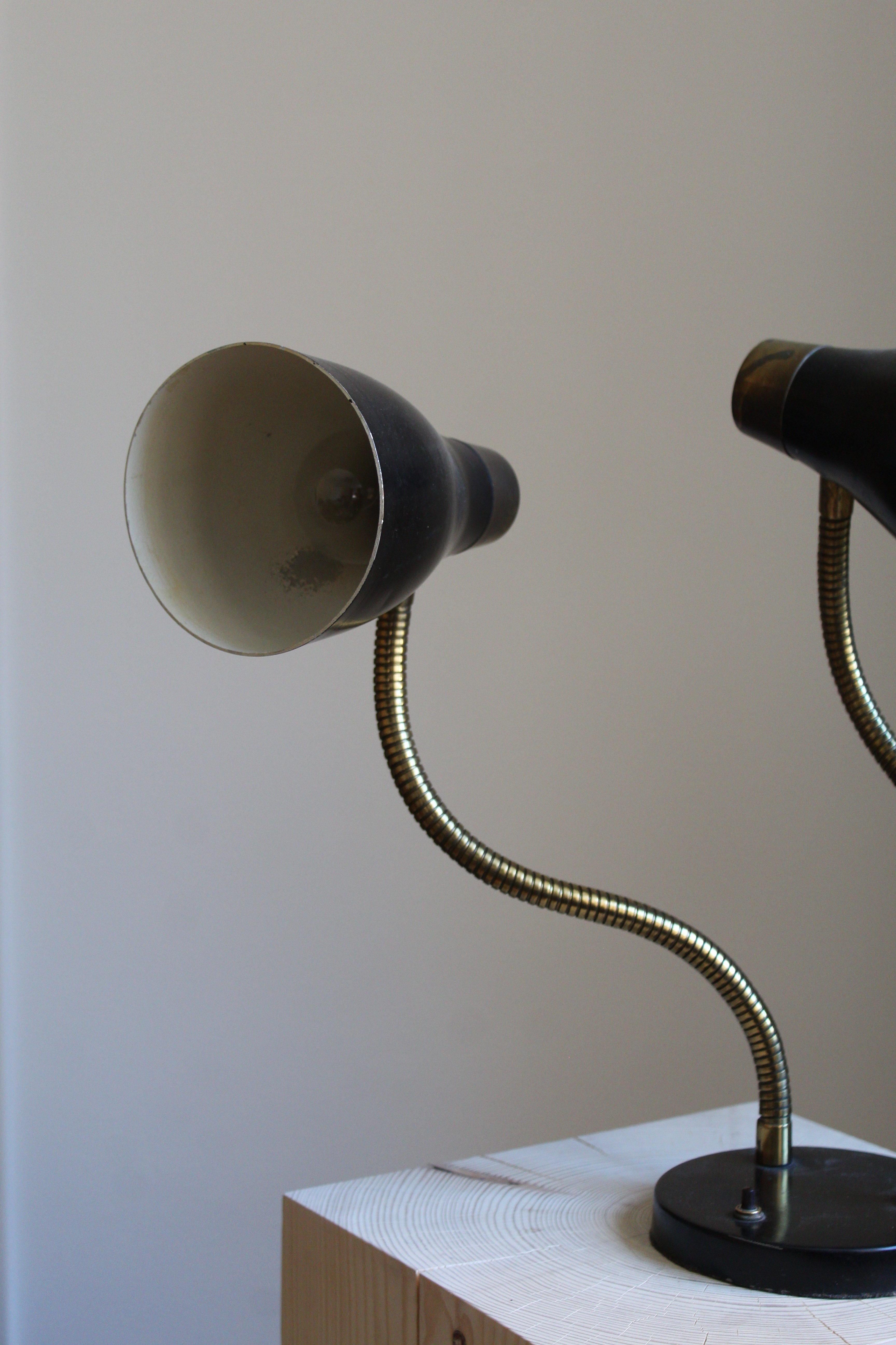 Swedish Designer, Adjustable Two-Armed Table Lamp, Lacquered Metal, Brass, 1950s In Fair Condition In High Point, NC