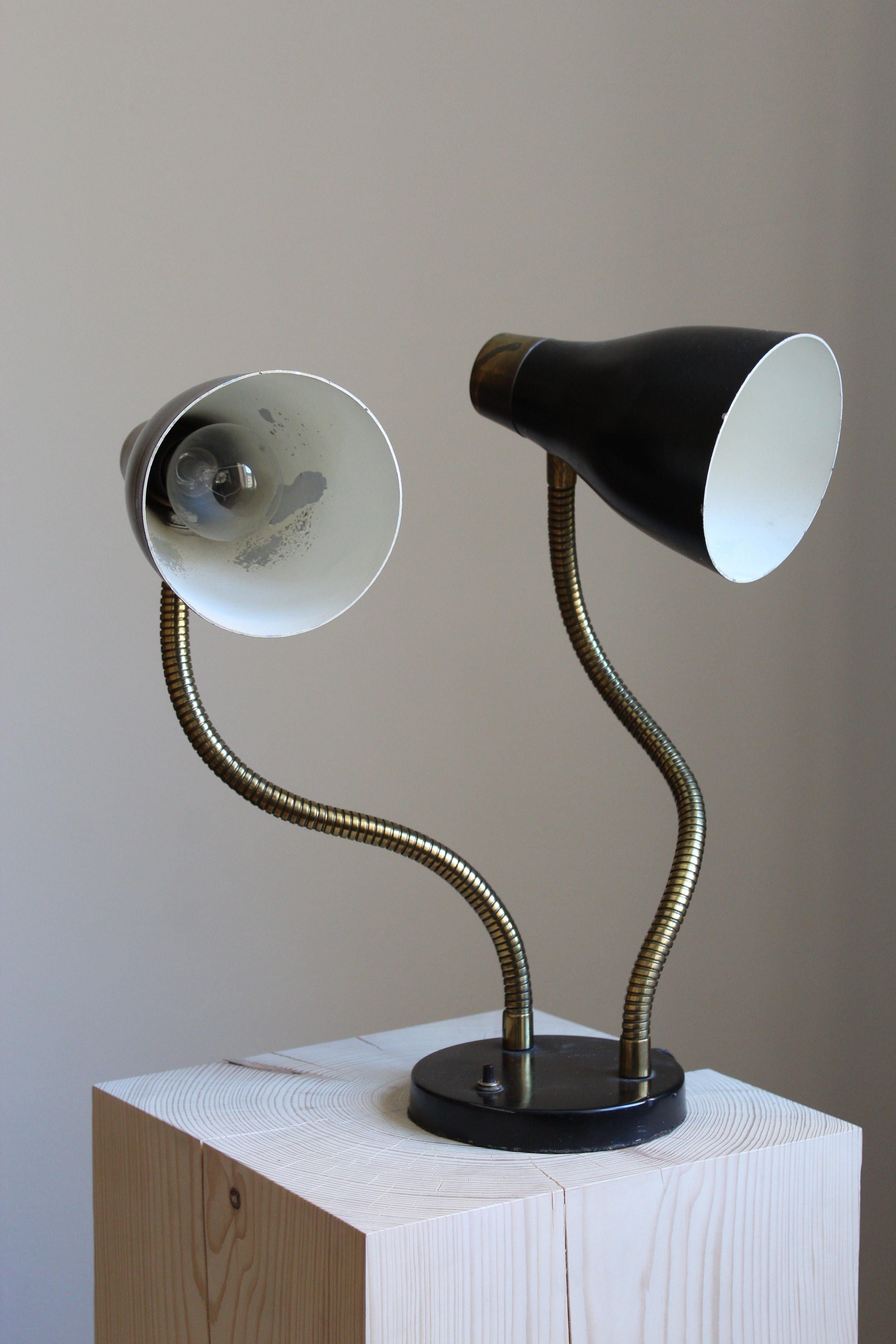 Mid-20th Century Swedish Designer, Adjustable Two-Armed Table Lamp, Lacquered Metal, Brass, 1950s