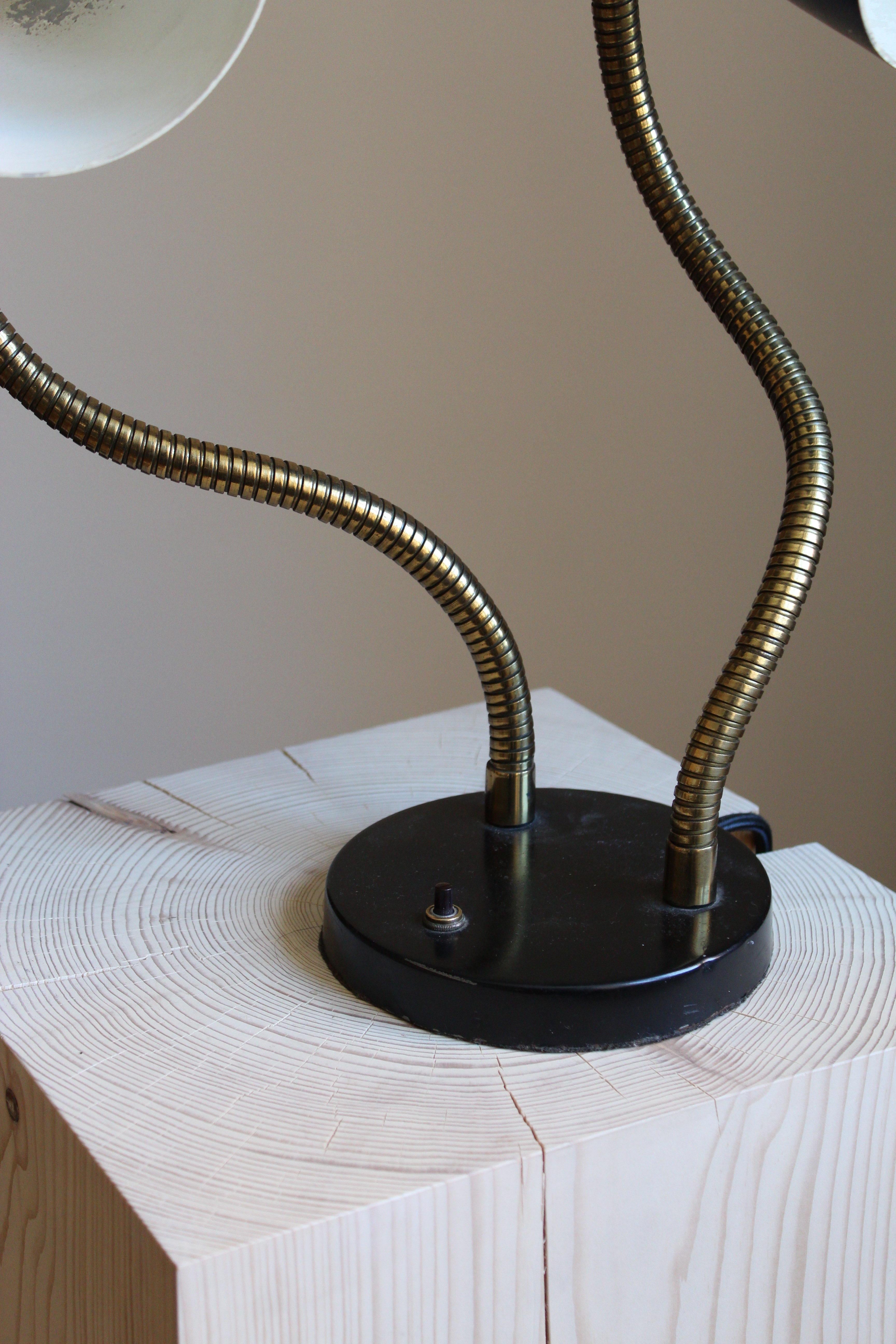 Swedish Designer, Adjustable Two-Armed Table Lamp, Lacquered Metal, Brass, 1950s 1