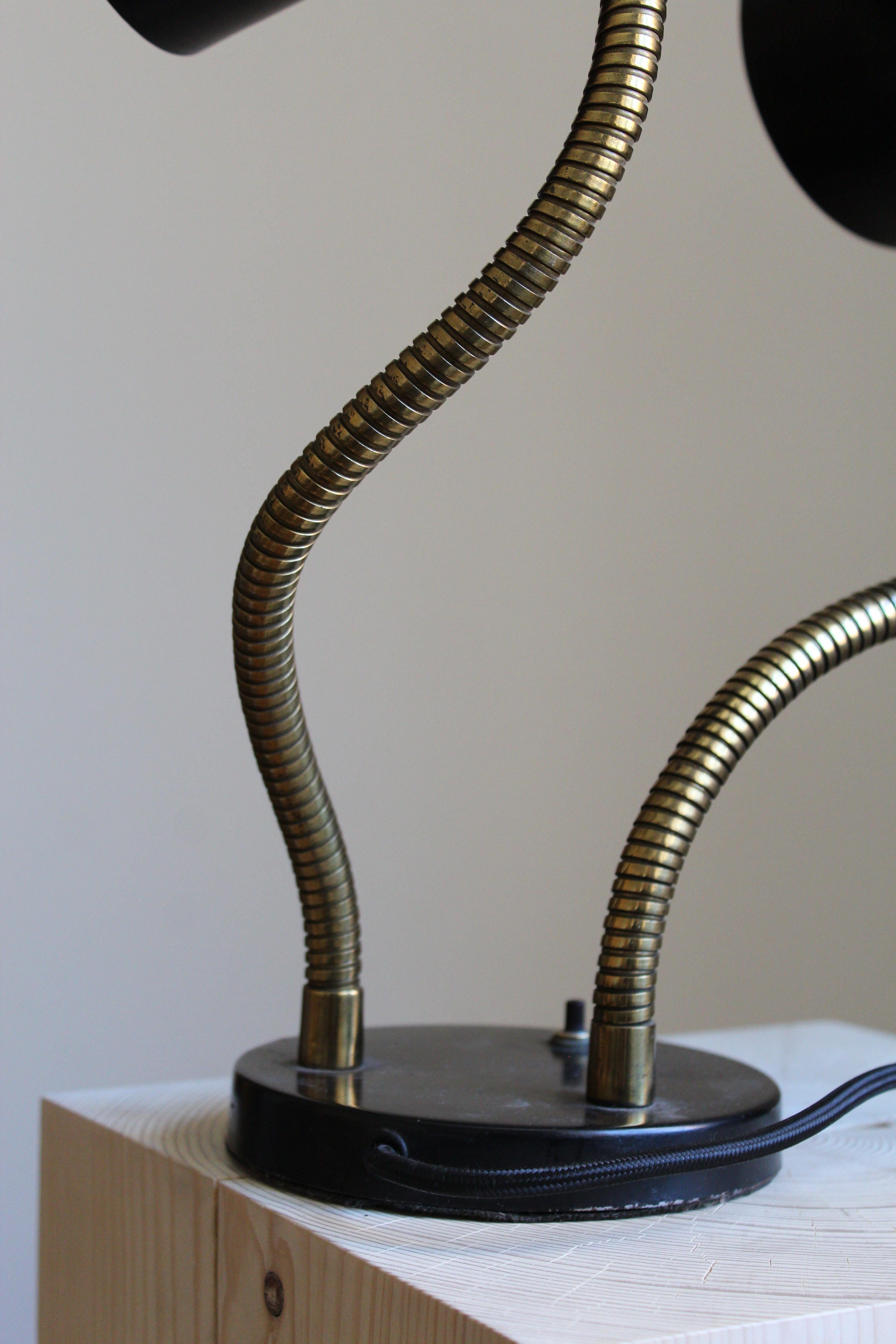 Swedish Designer, Adjustable Two-Armed Table Lamp, Lacquered Metal, Brass, 1950s 3