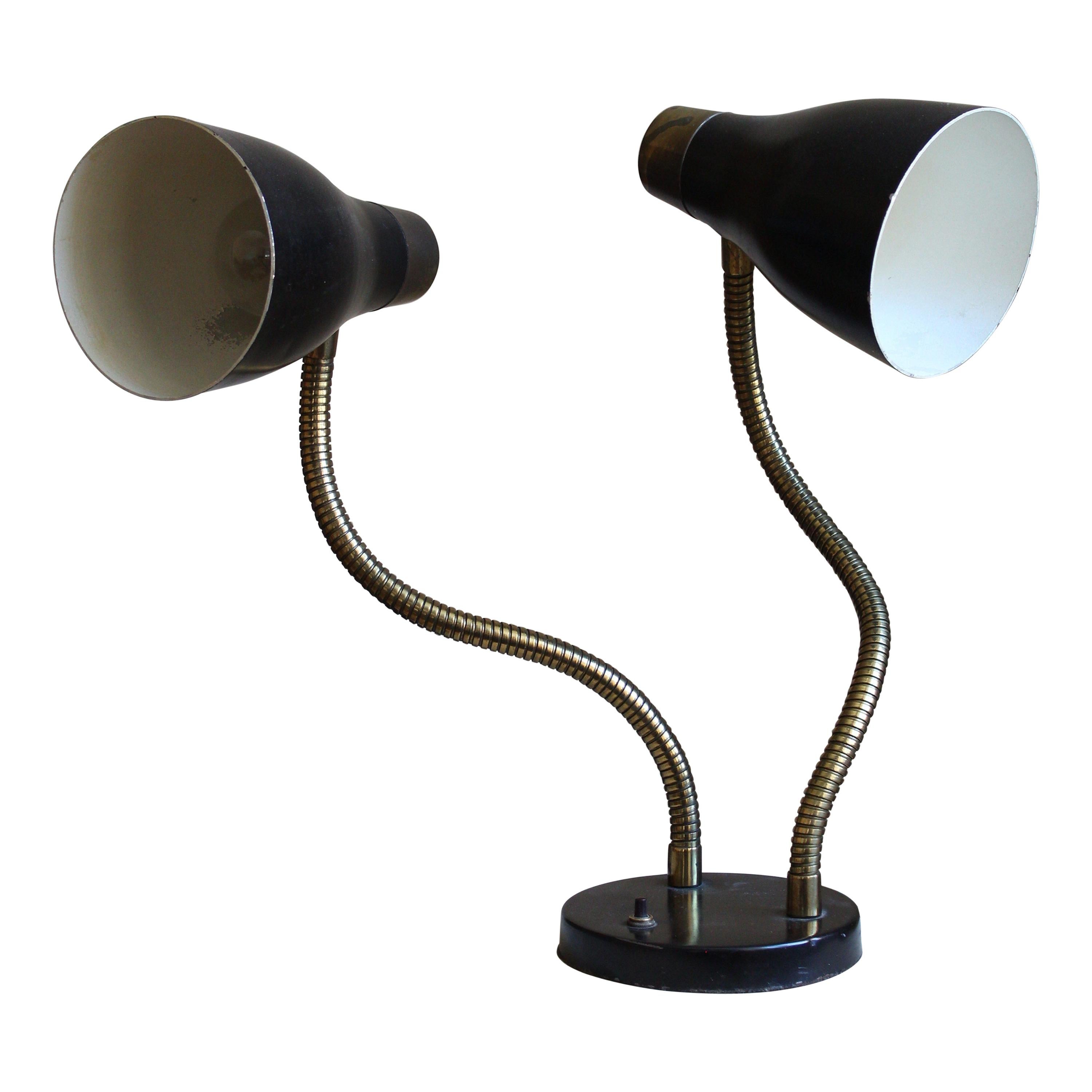 Swedish Designer, Adjustable Two-Armed Table Lamp, Lacquered Metal, Brass, 1950s