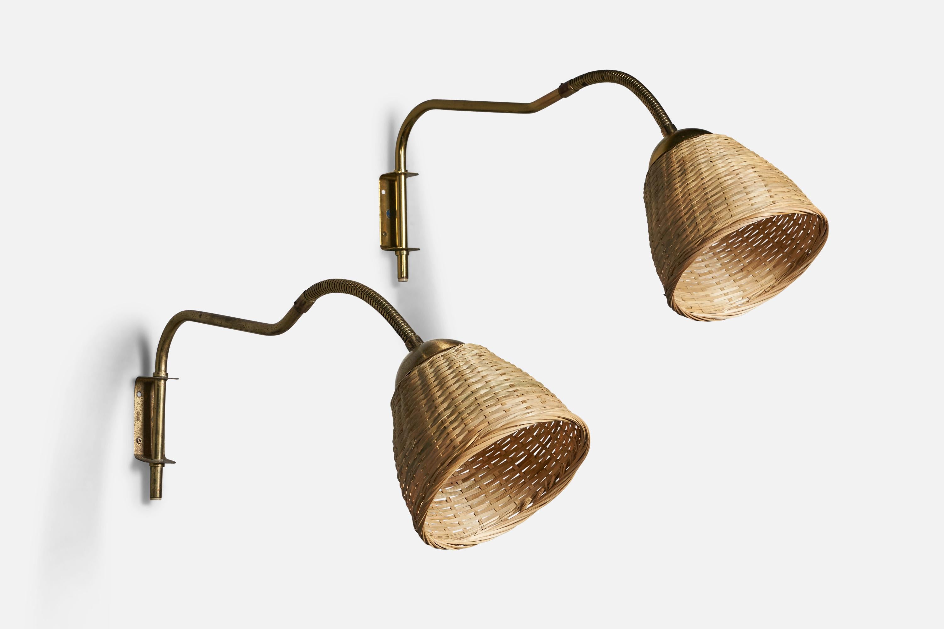 Swedish Designer, Adjustable Wall Lamps, Brass, Rattan, Sweden, 1940s ...