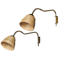 Swedish Designer, Adjustable Wall Lamps, Brass, Rattan, Sweden, 1940s
