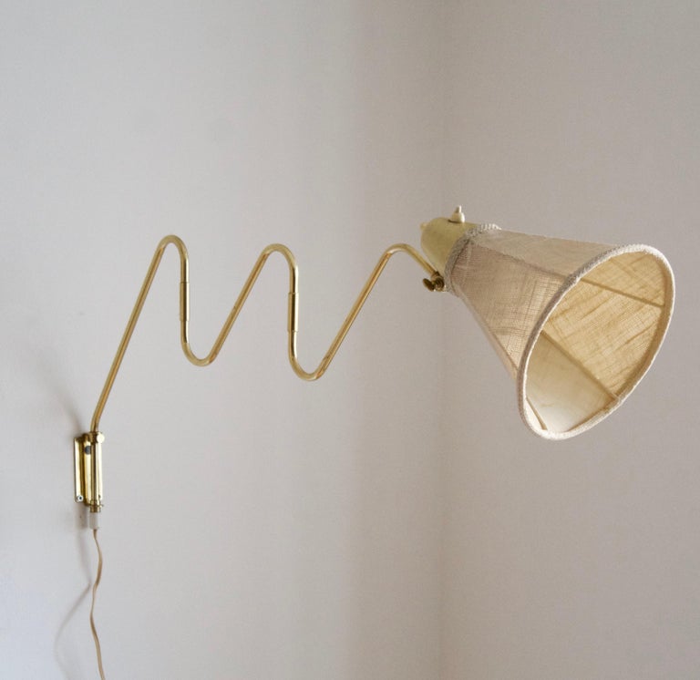 Swedish Designer, Adjustable Wall Light, Brass, Fabric, Sweden, 1940s ...