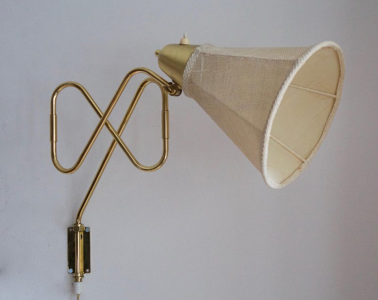 Swedish Designer, Adjustable Wall Light, Brass, Fabric, Sweden, 1940s ...