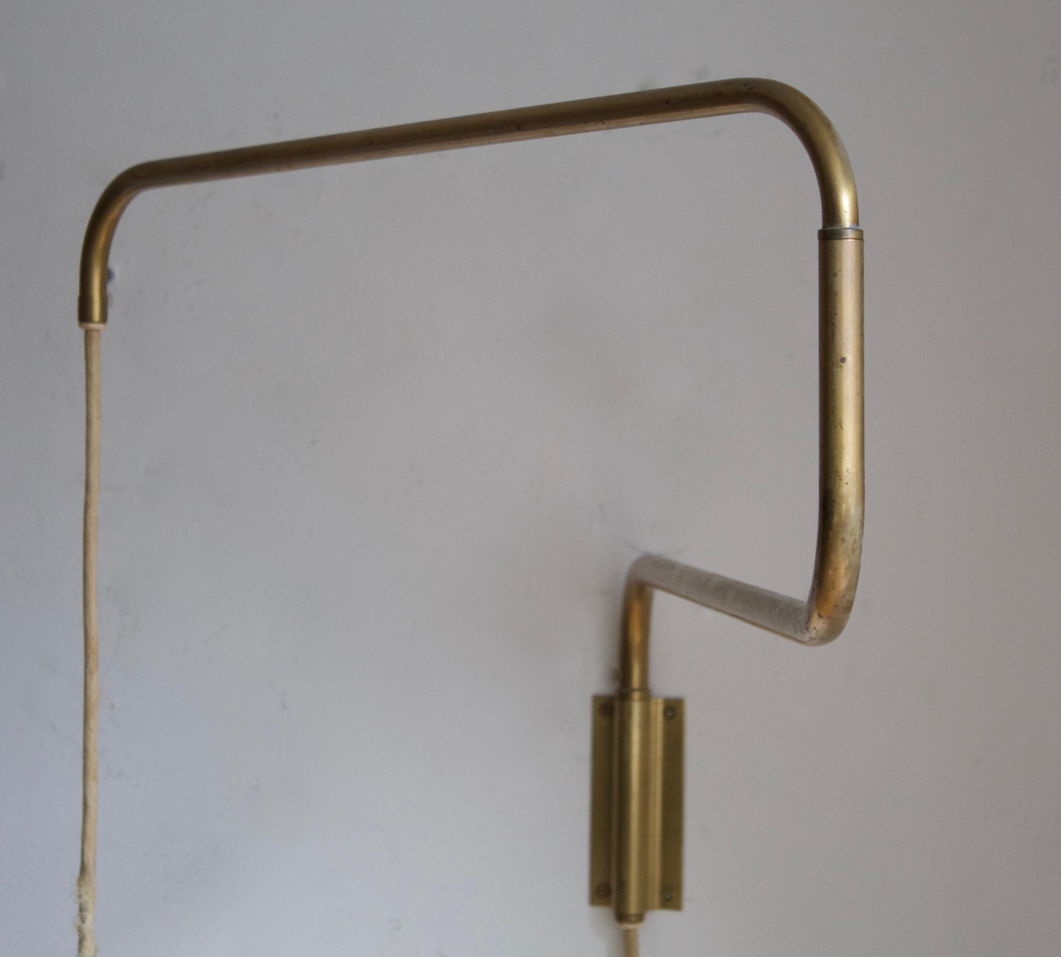 Mid-20th Century Swedish Designer, Adjustable Wall Light, Brass, Fabric, Sweden, 1940s
