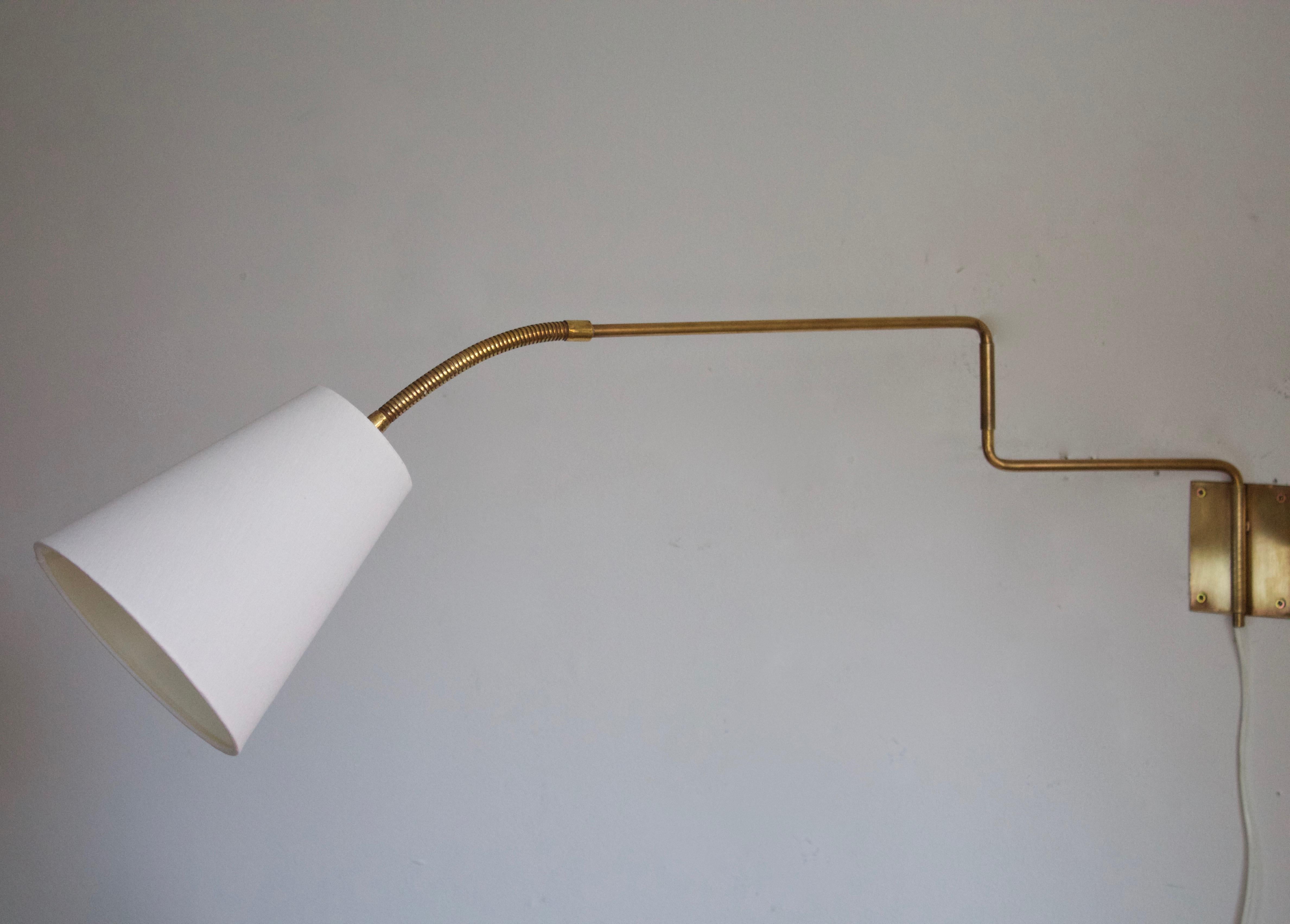 Mid-20th Century Swedish Designer, Adjustable Wall Light, Brass, Fabric, Sweden, 1940s