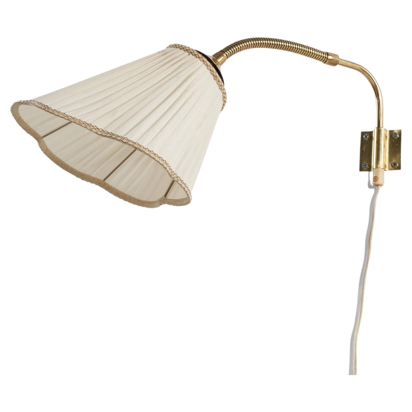 Swedish Designer, Adjustable Wall Light, Brass, Fabric, Sweden, 1940s For Sale