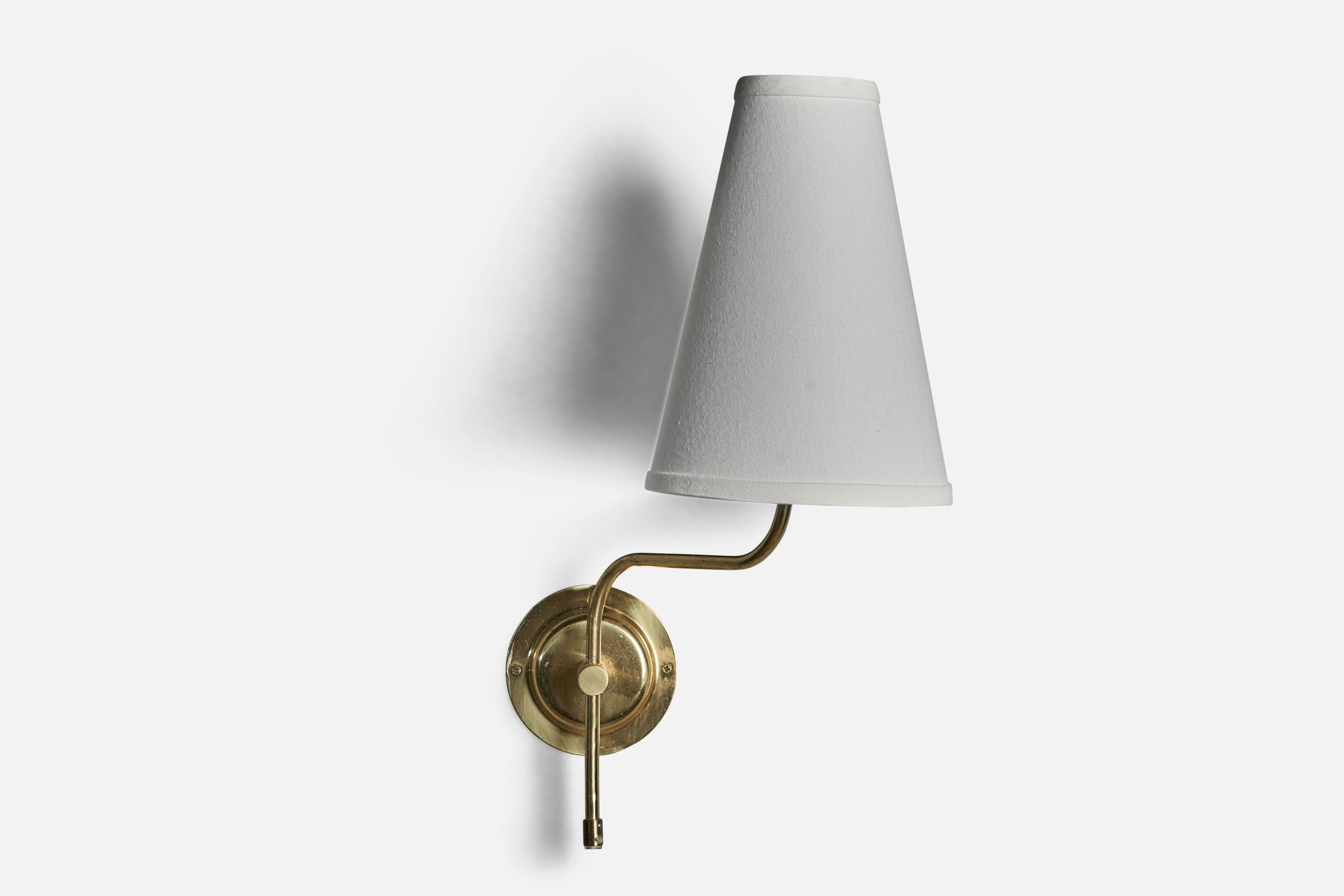 Modern Swedish Designer, Adjustable Wall Light, Brass, Fabric, Sweden, 1970s For Sale