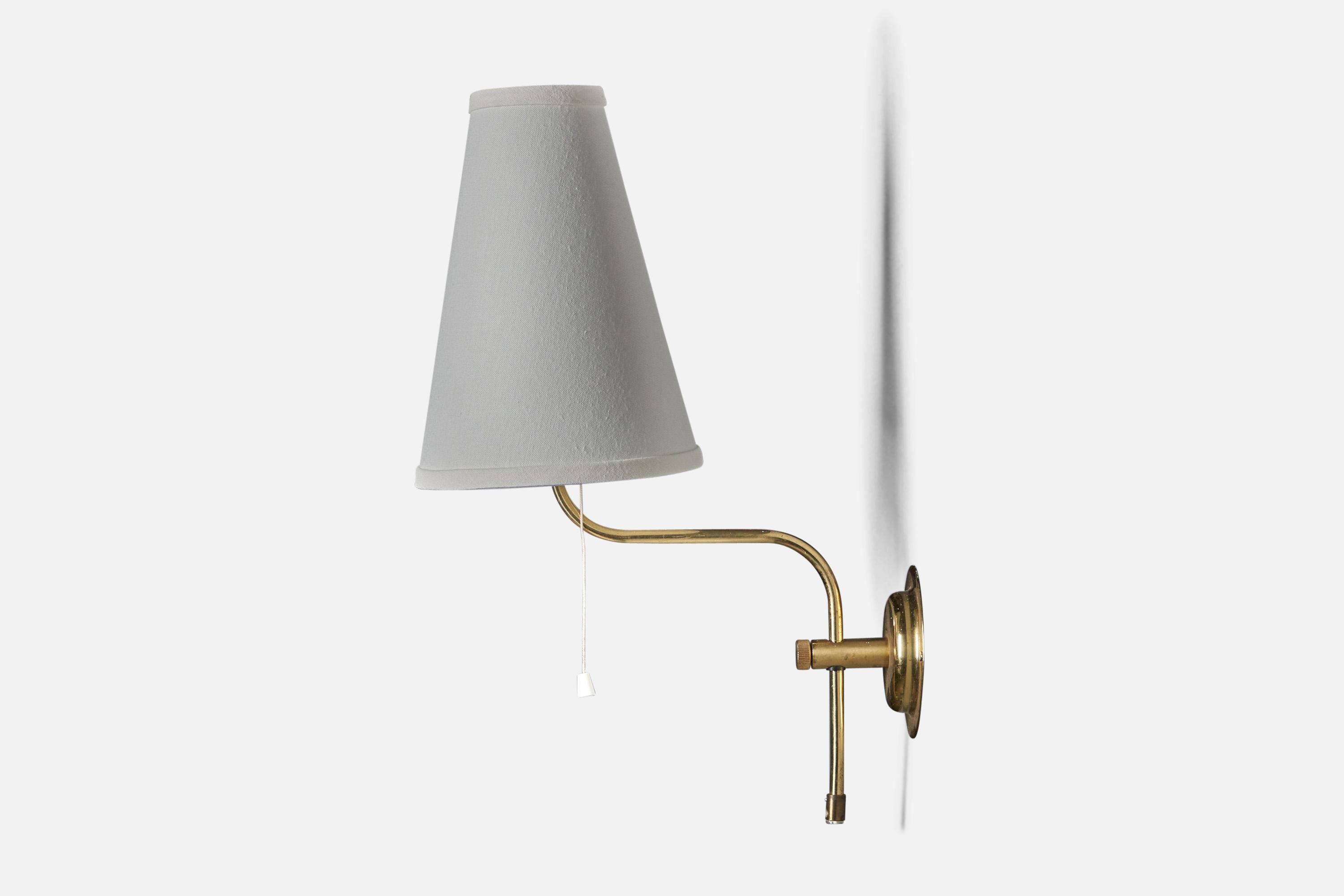 Late 20th Century Swedish Designer, Adjustable Wall Light, Brass, Fabric, Sweden, 1970s For Sale