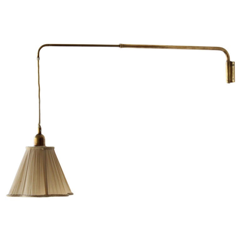 Swedish Designer, Adjustable Wall Light, Brass, Fabric, Sweden, c ...