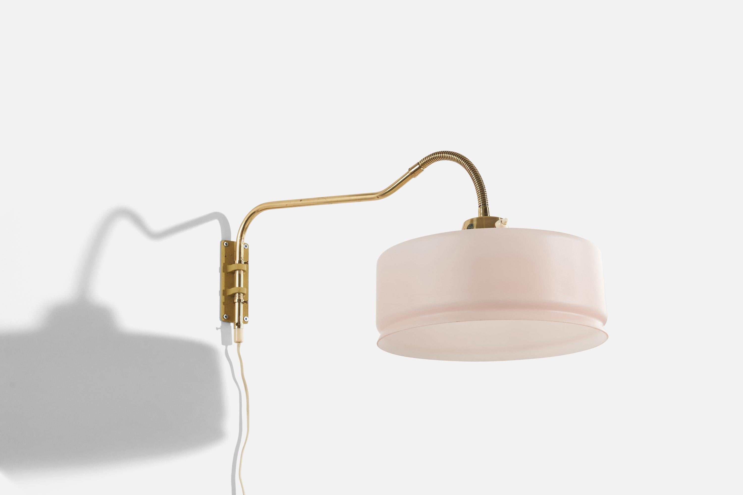 Scandinavian Modern Swedish Designer, Adjustable Wall Light, Brass, Glass, Sweden, C. 1950s For Sale