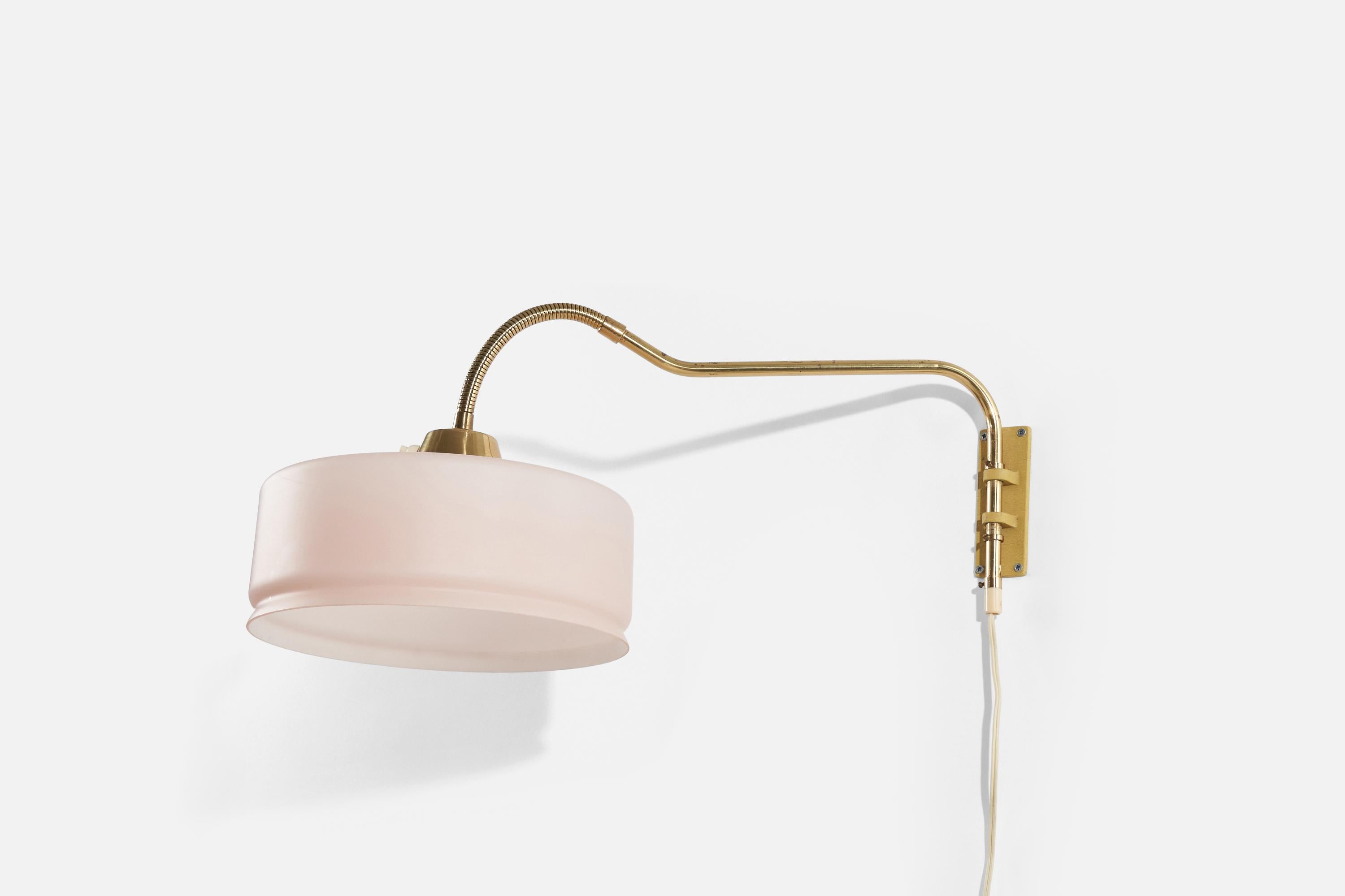 Mid-20th Century Swedish Designer, Adjustable Wall Light, Brass, Glass, Sweden, C. 1950s For Sale