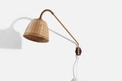 Swedish Designer, Adjustable Wall Light, Brass, Metal, Rattan, Sweden, c. 1940s