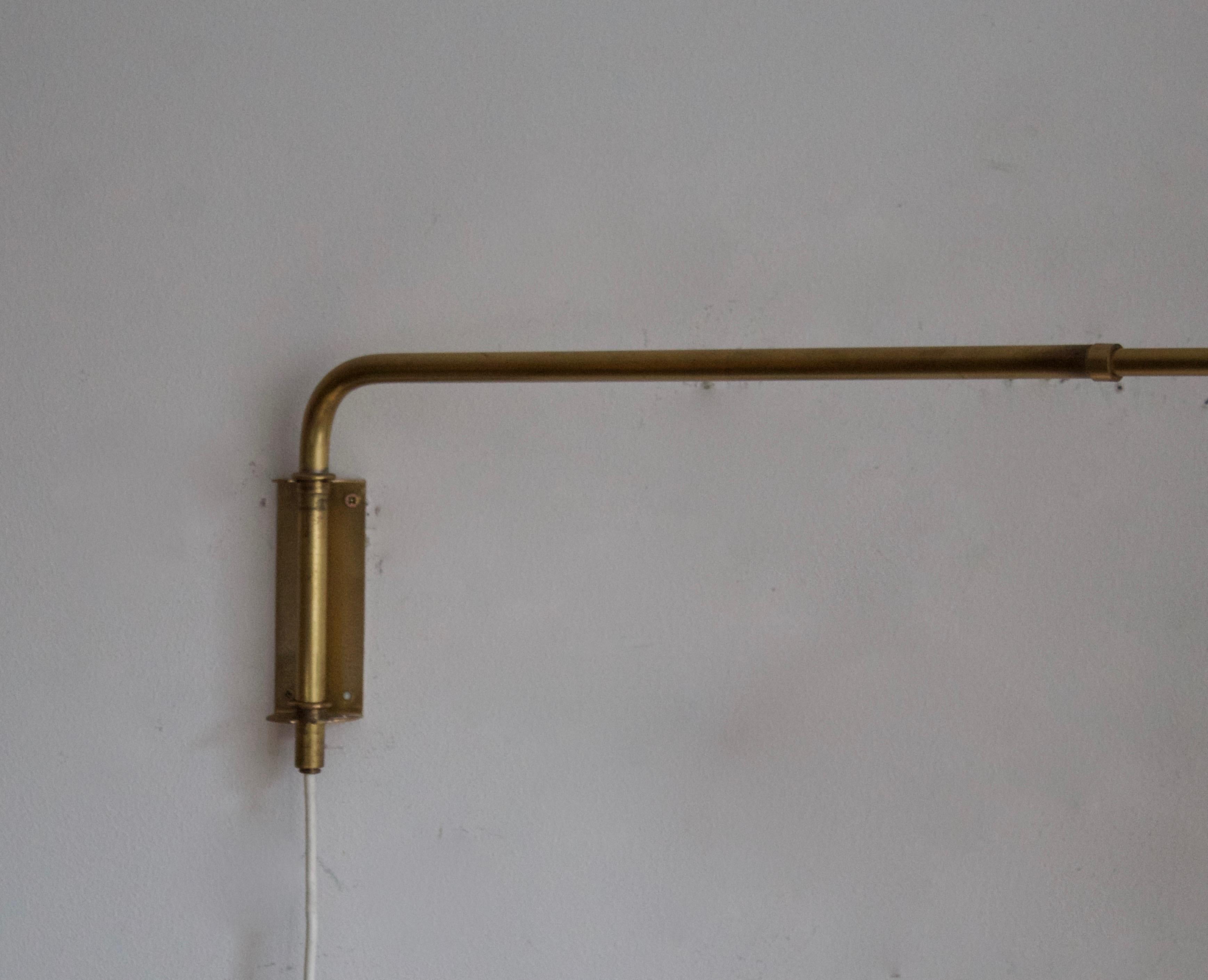 Scandinavian Modern Swedish Designer, Adjustable Wall Light, Brass, Oak, Fabric, Sweden, 1940s