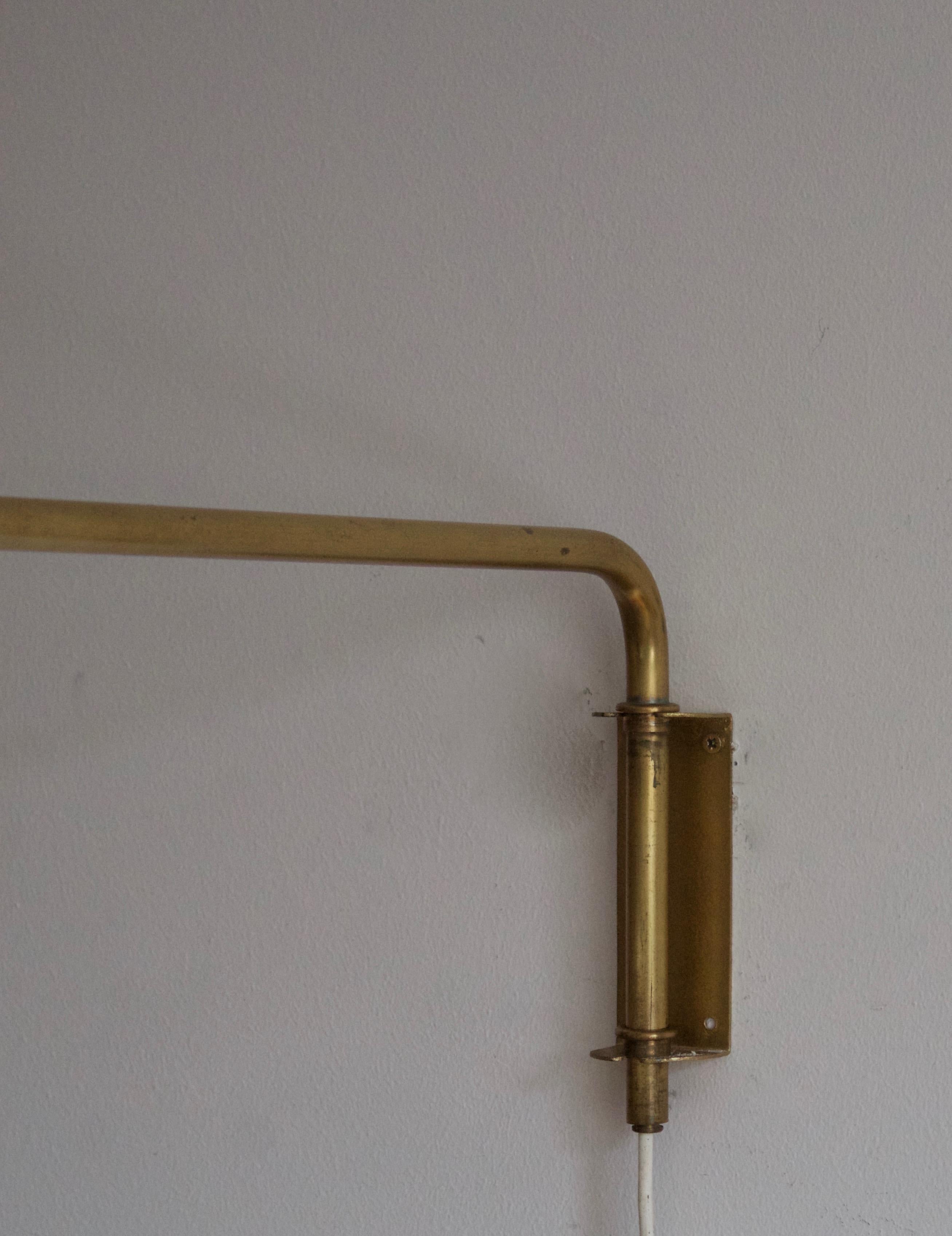 Swedish Designer, Adjustable Wall Light, Brass, Oak, Fabric, Sweden, 1940s 1