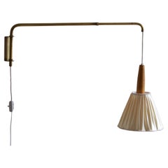 Swedish Designer, Adjustable Wall Light, Brass, Oak, Fabric, Sweden, 1940s
