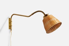 Swedish Designer, Adjustable Wall Light, Brass, Rattan, Sweden, 1940s