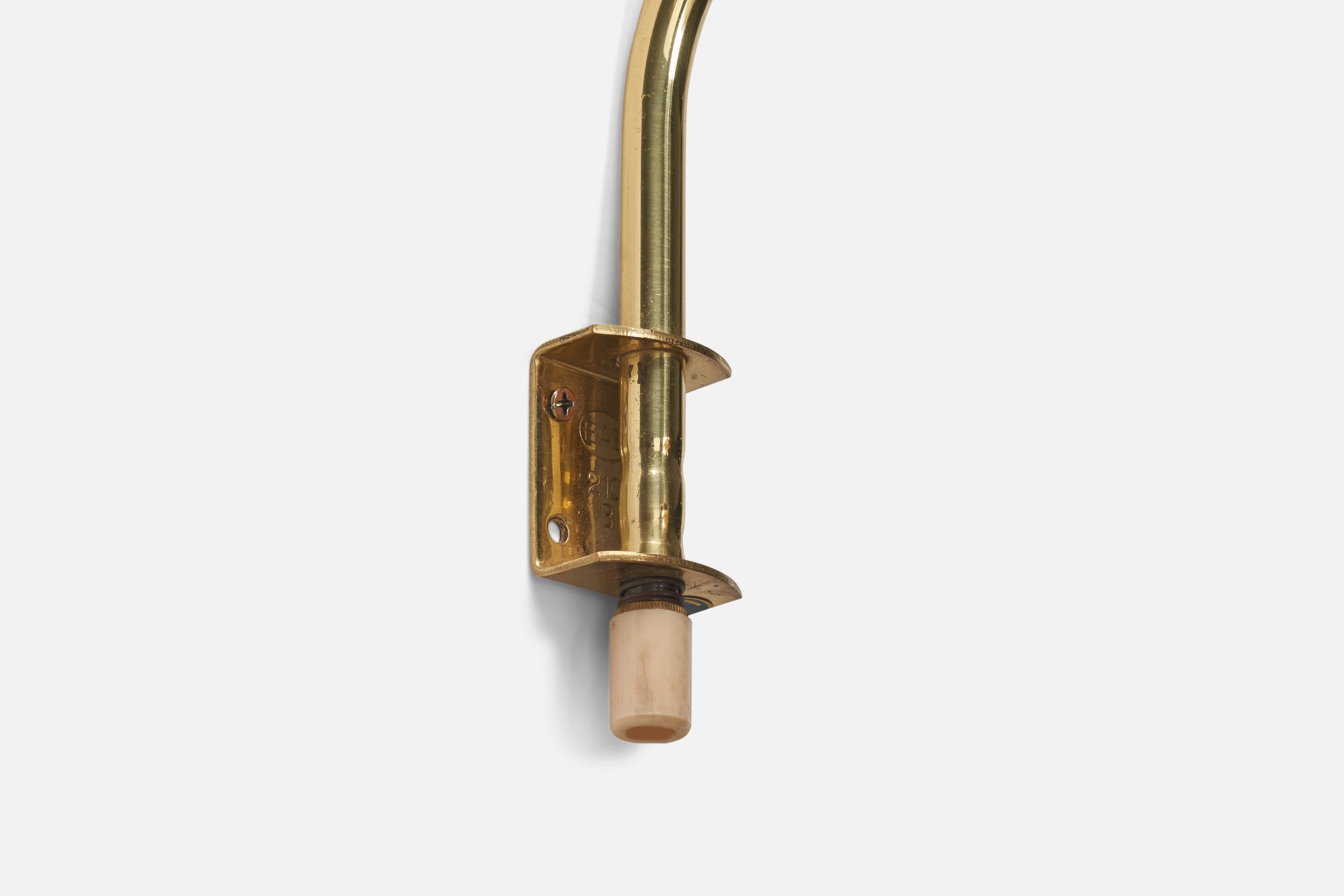 Mid-Century Modern Swedish Designer, Adjustable Wall Light, Brass, Rattan, Sweden, 1940s For Sale
