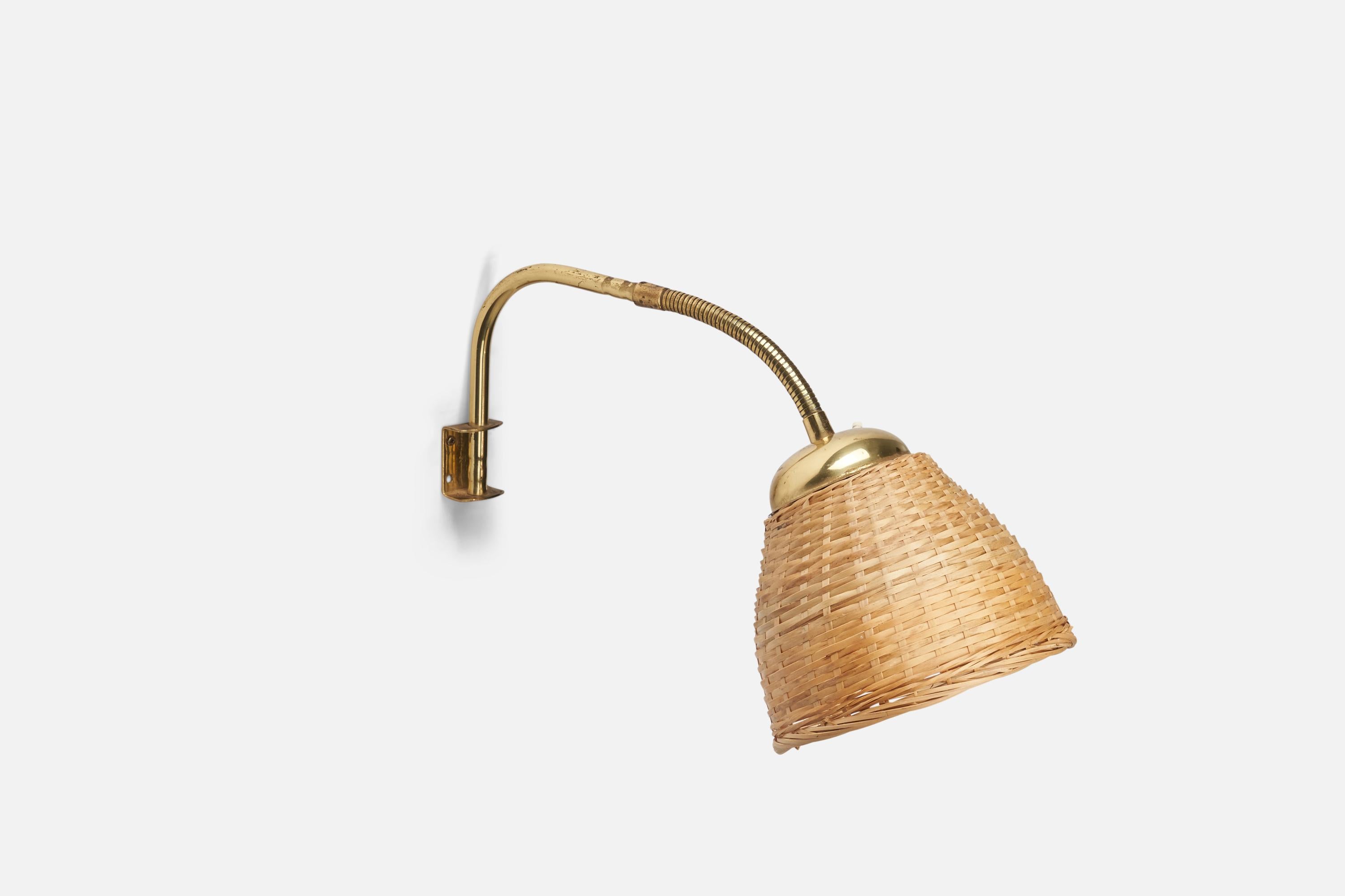 Mid-20th Century Swedish Designer, Adjustable Wall Light, Brass, Rattan, Sweden, 1940s For Sale