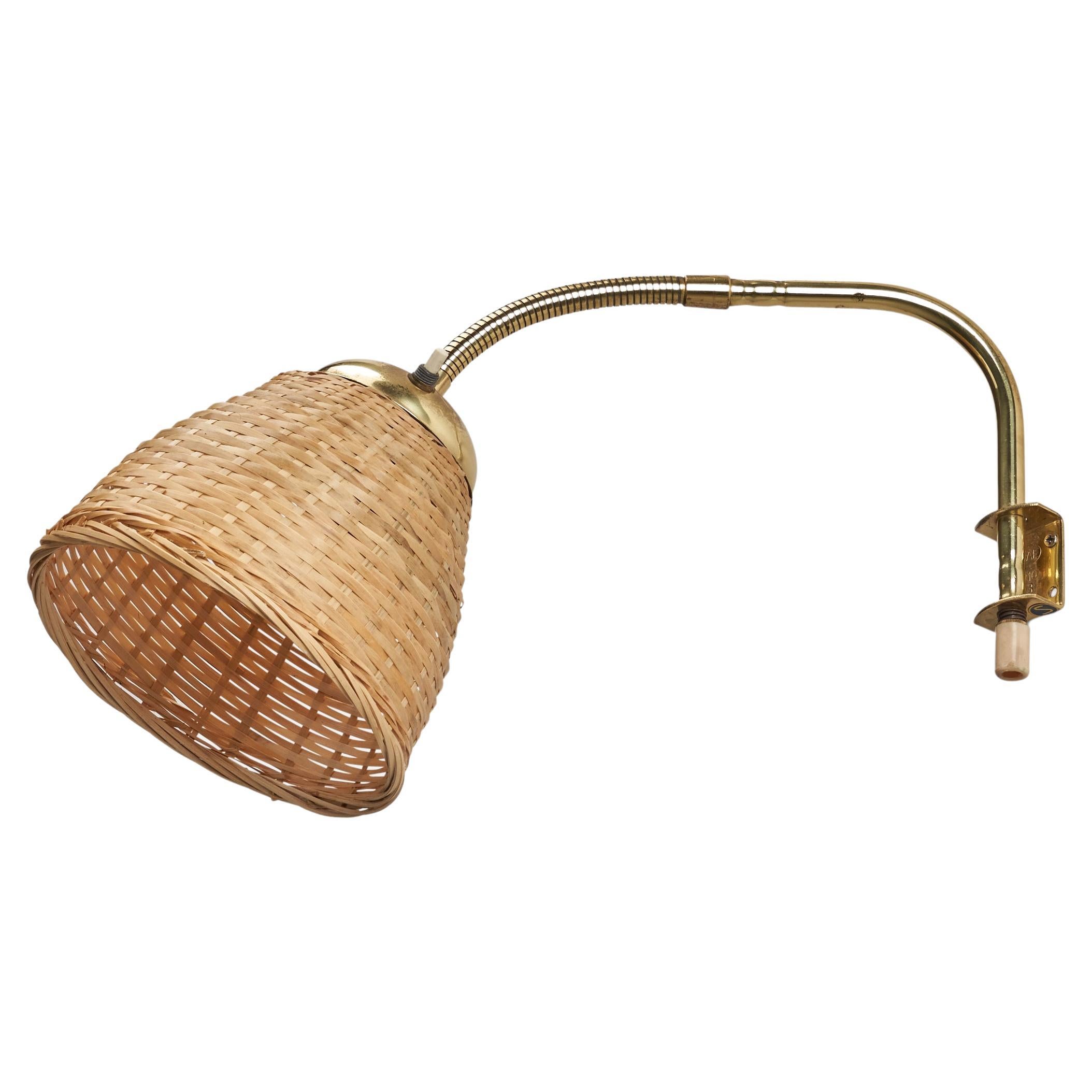 Swedish Designer, Adjustable Wall Light, Brass, Rattan, Sweden, 1940s For Sale