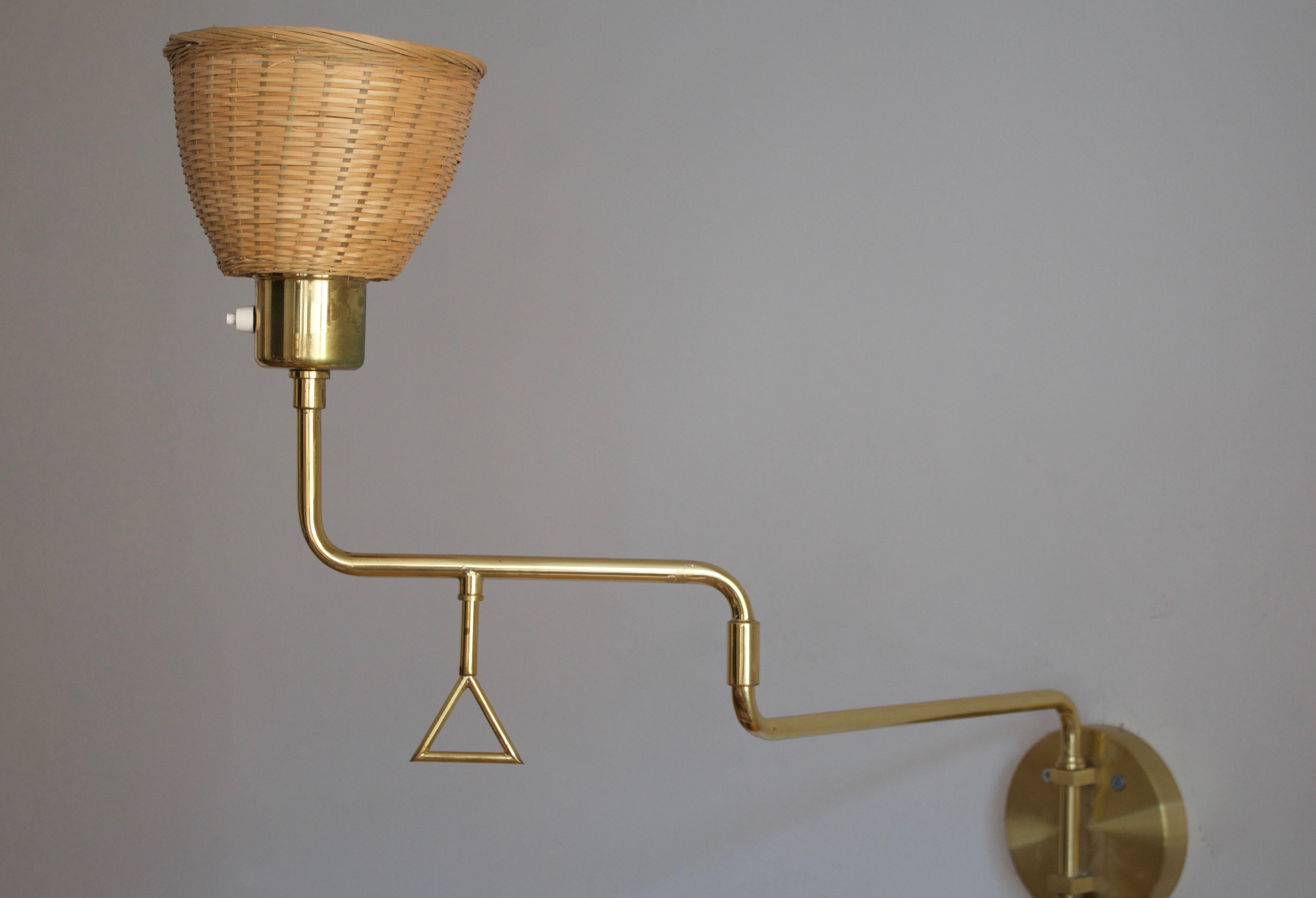 Danish Swedish Designer, Adjustable Wall Light, Brass, Rattan, Sweden, 1970s