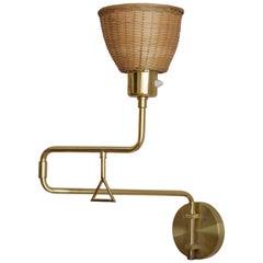 Swedish Designer, Adjustable Wall Light, Brass, Rattan, Sweden, 1970s