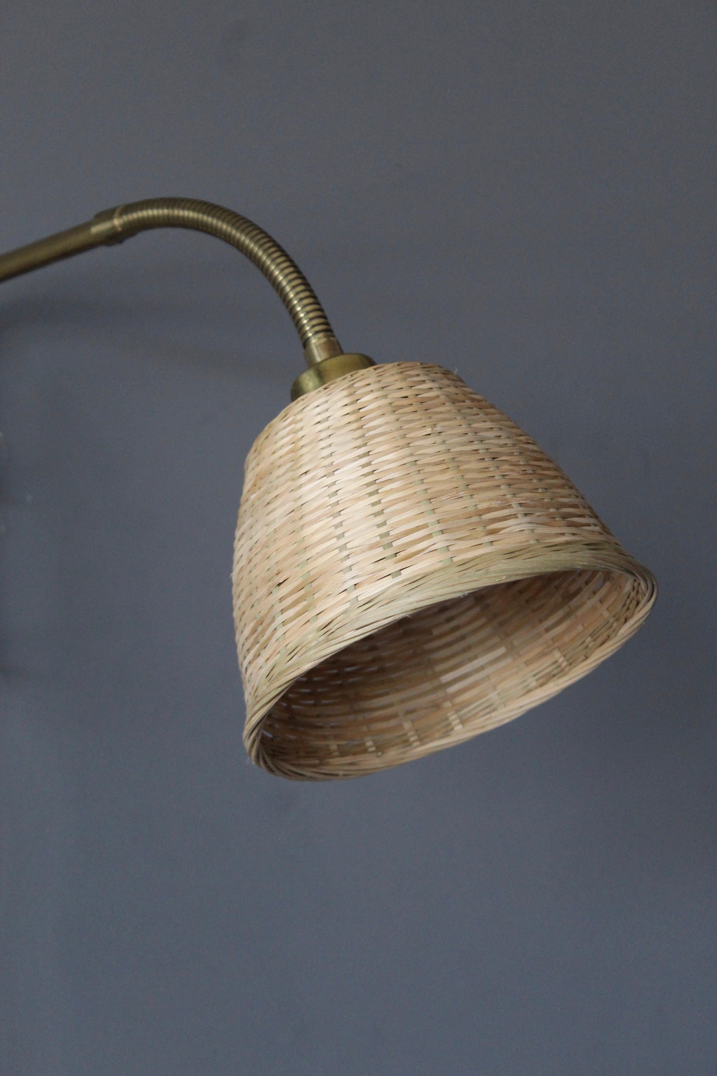 Swedish Designer, Adjustable Wall Light, Brass, Rattan, Sweden, c. 1940s In Good Condition In High Point, NC