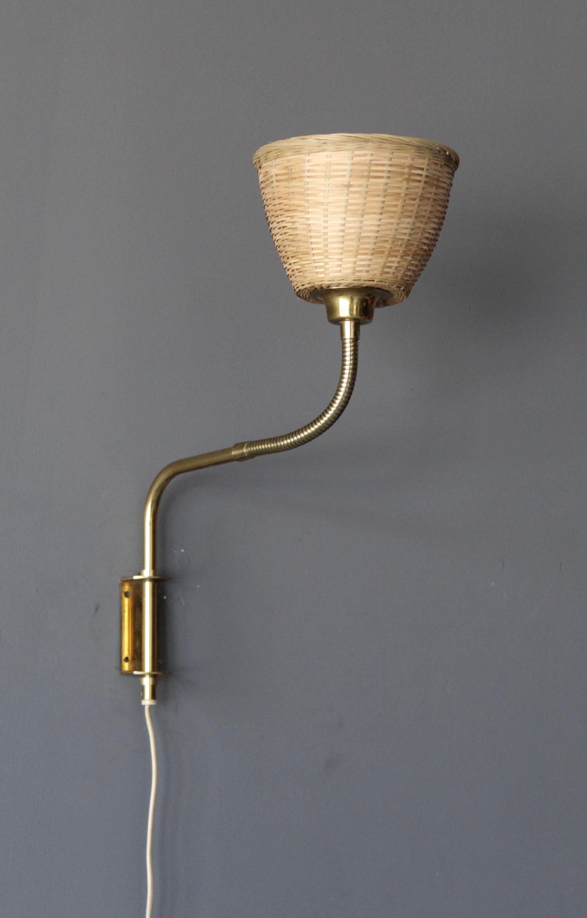 Swedish Designer, Adjustable Wall Light, Brass, Rattan, Sweden, c. 1940s 2