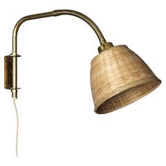 Swedish Designer, Adjustable Wall Light, Brass, Rattan, Sweden, c. 1940s