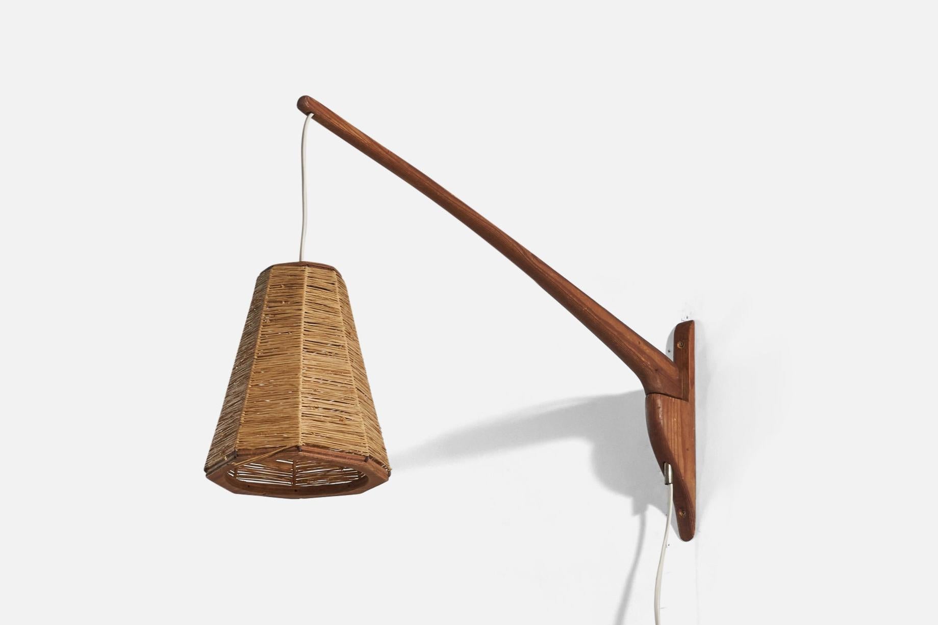 Mid-20th Century Swedish Designer, Adjustable Wall Light, Teak, Cord, Sweden, C. 1950s For Sale