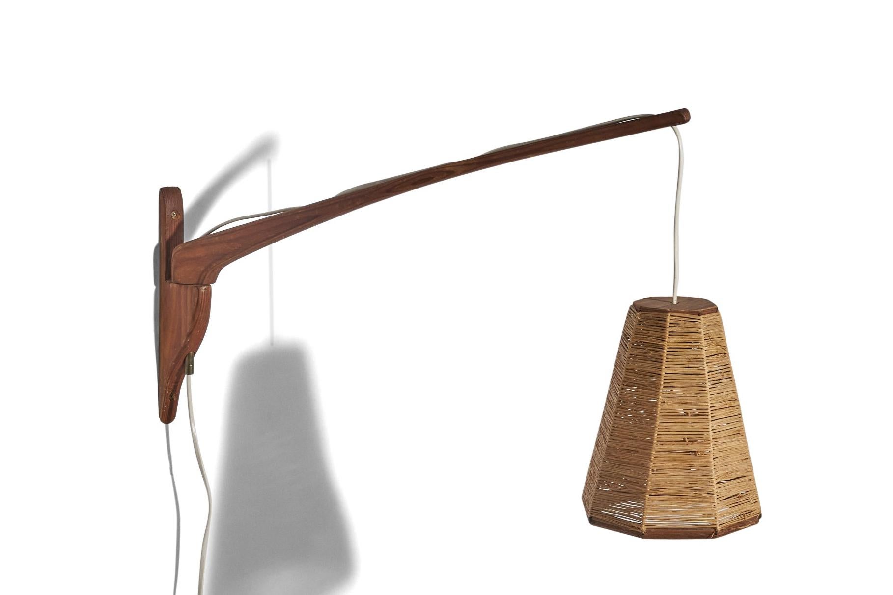 Swedish Designer, Adjustable Wall Light, Teak, Cord, Sweden, C. 1950s For Sale 1