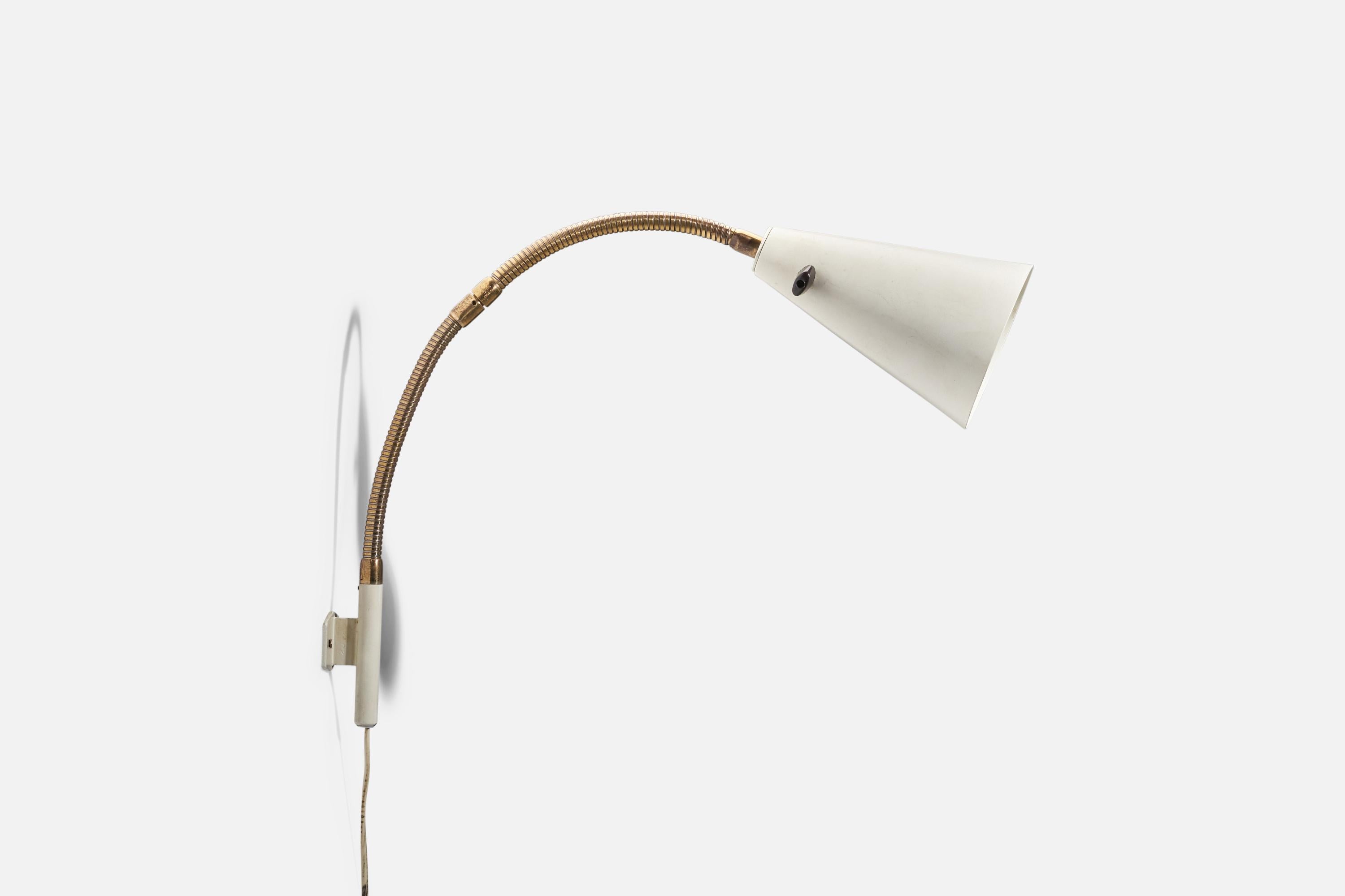 Mid-Century Modern Swedish Designer, Adjustable Wall Light, White Lacquer Metal Brass, Sweden 1940s For Sale